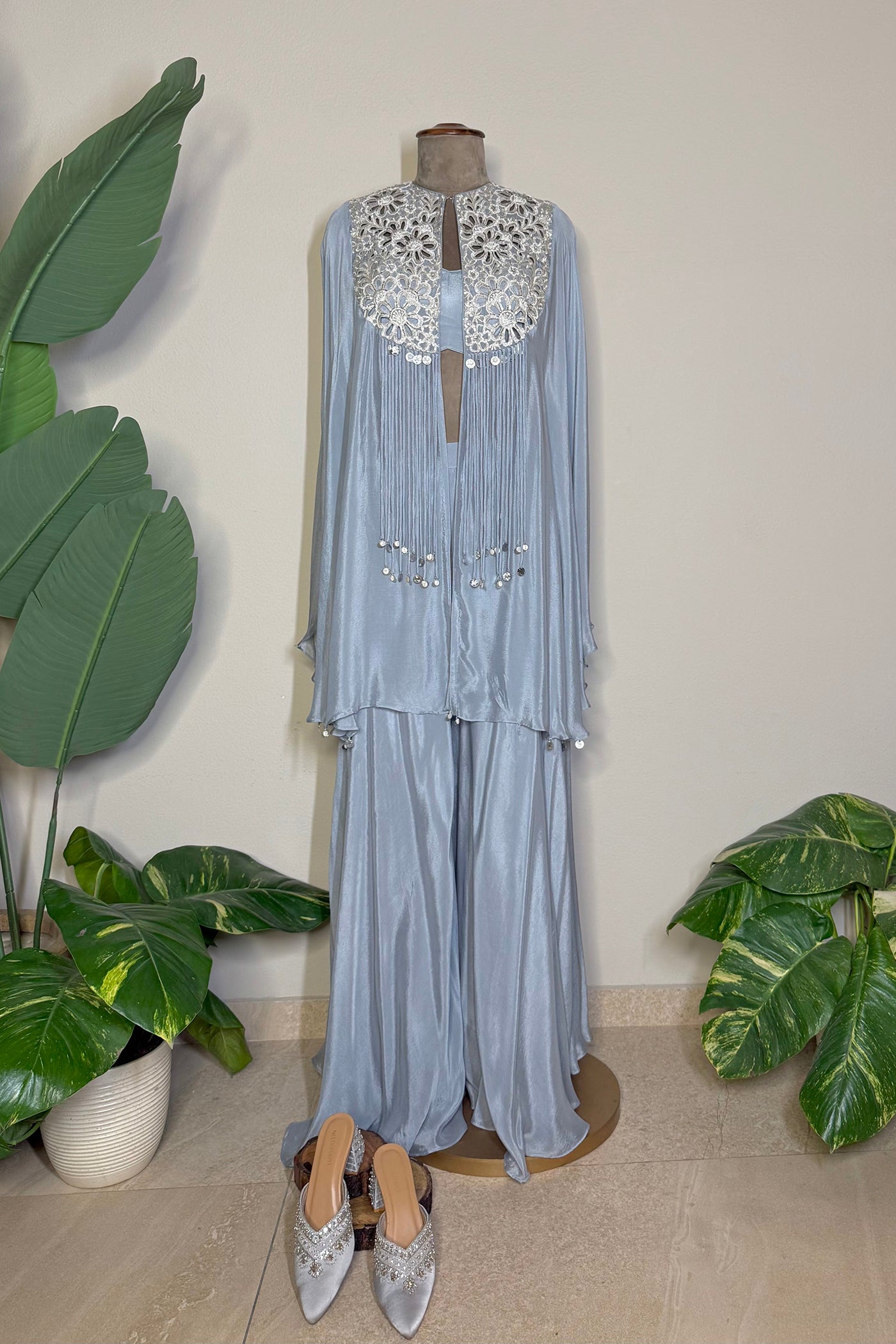 Advika Front-Open Chinnon Jacket with Blouse and Flared Palazzo