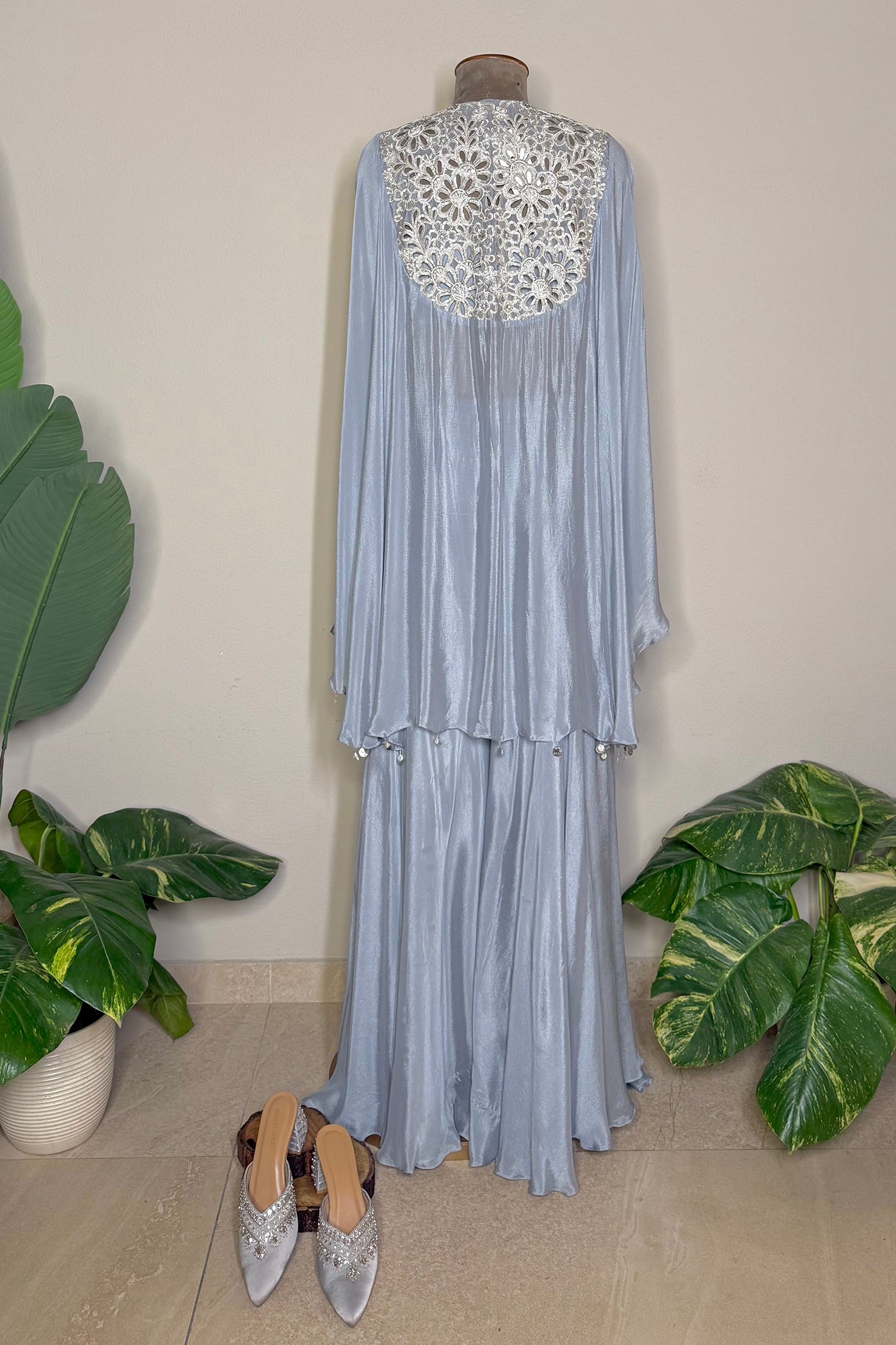 Advika Front-Open Chinnon Jacket with Blouse and Flared Palazzo