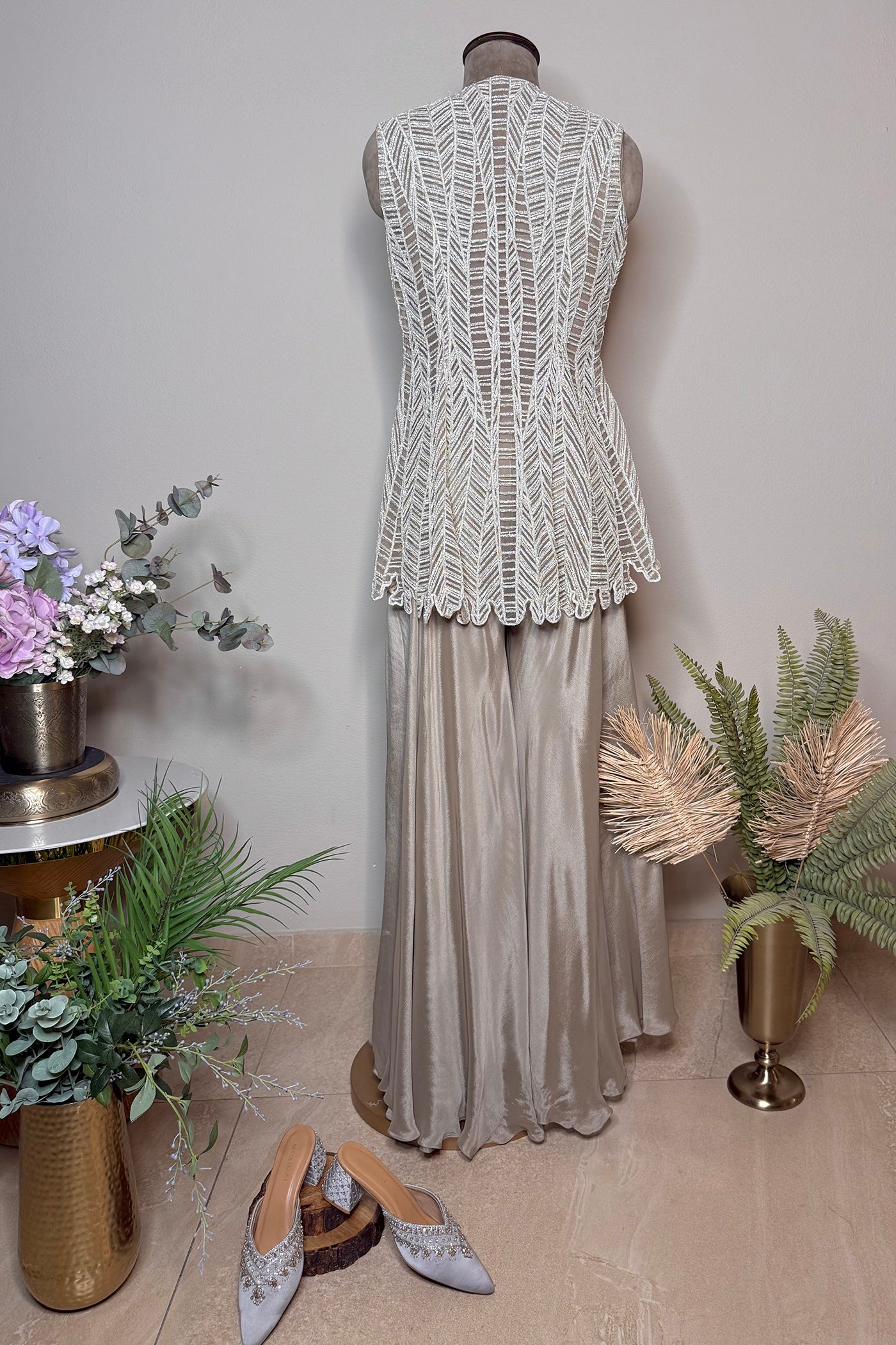 Anvitha Net Short Front-Open Jacket with Chinnon Blouse and Culottes