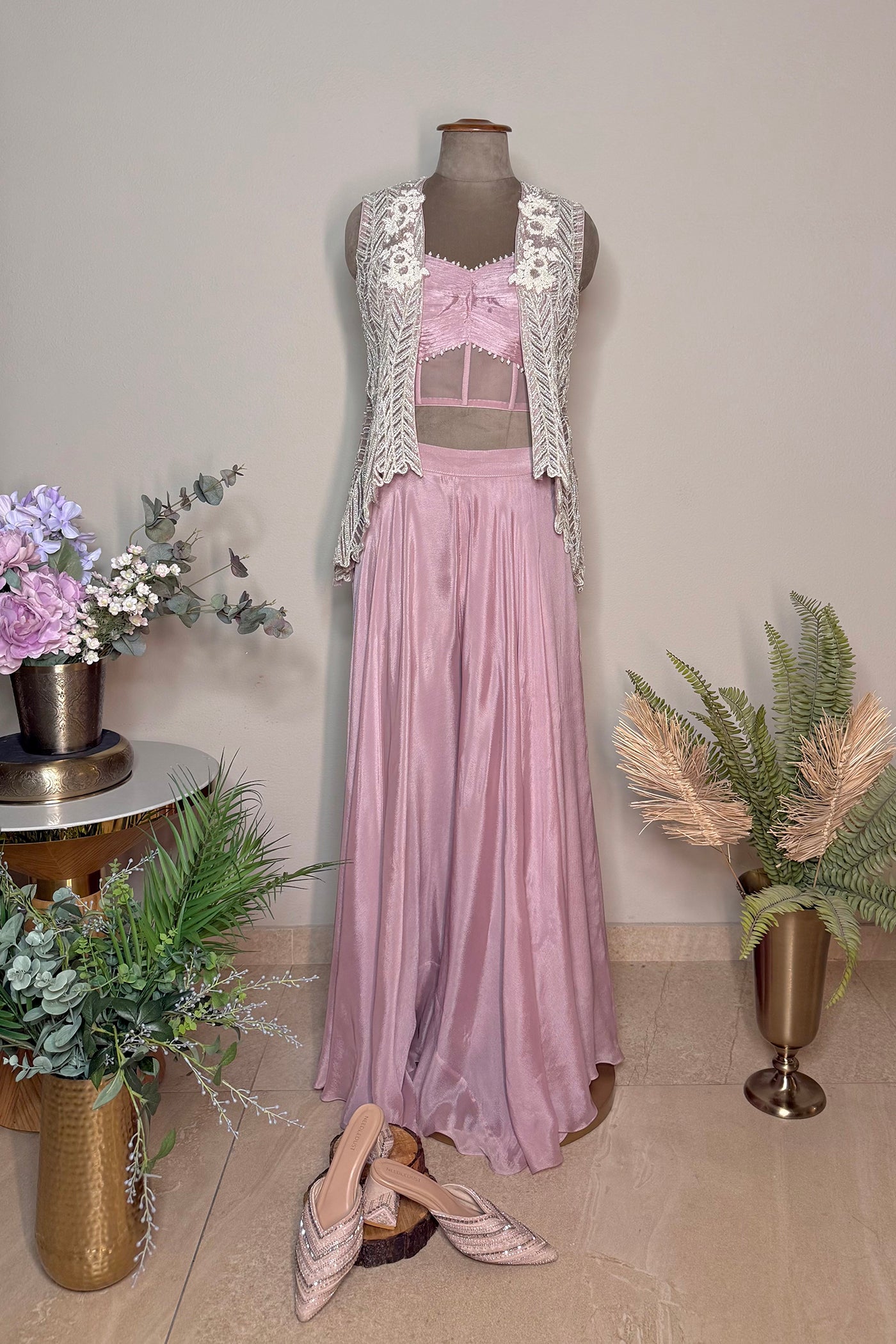 Anvitha Net Short Front-Open Jacket with Chinnon Blouse and Culottes
