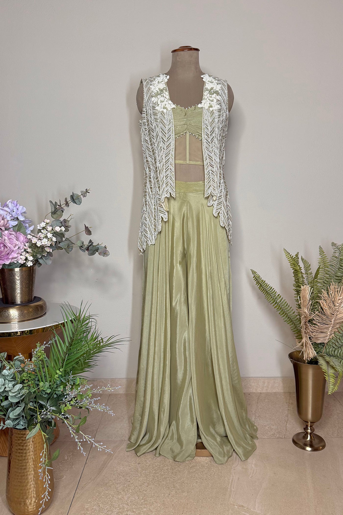 Anvitha Net Short Front-Open Jacket with Chinnon Blouse and Culottes