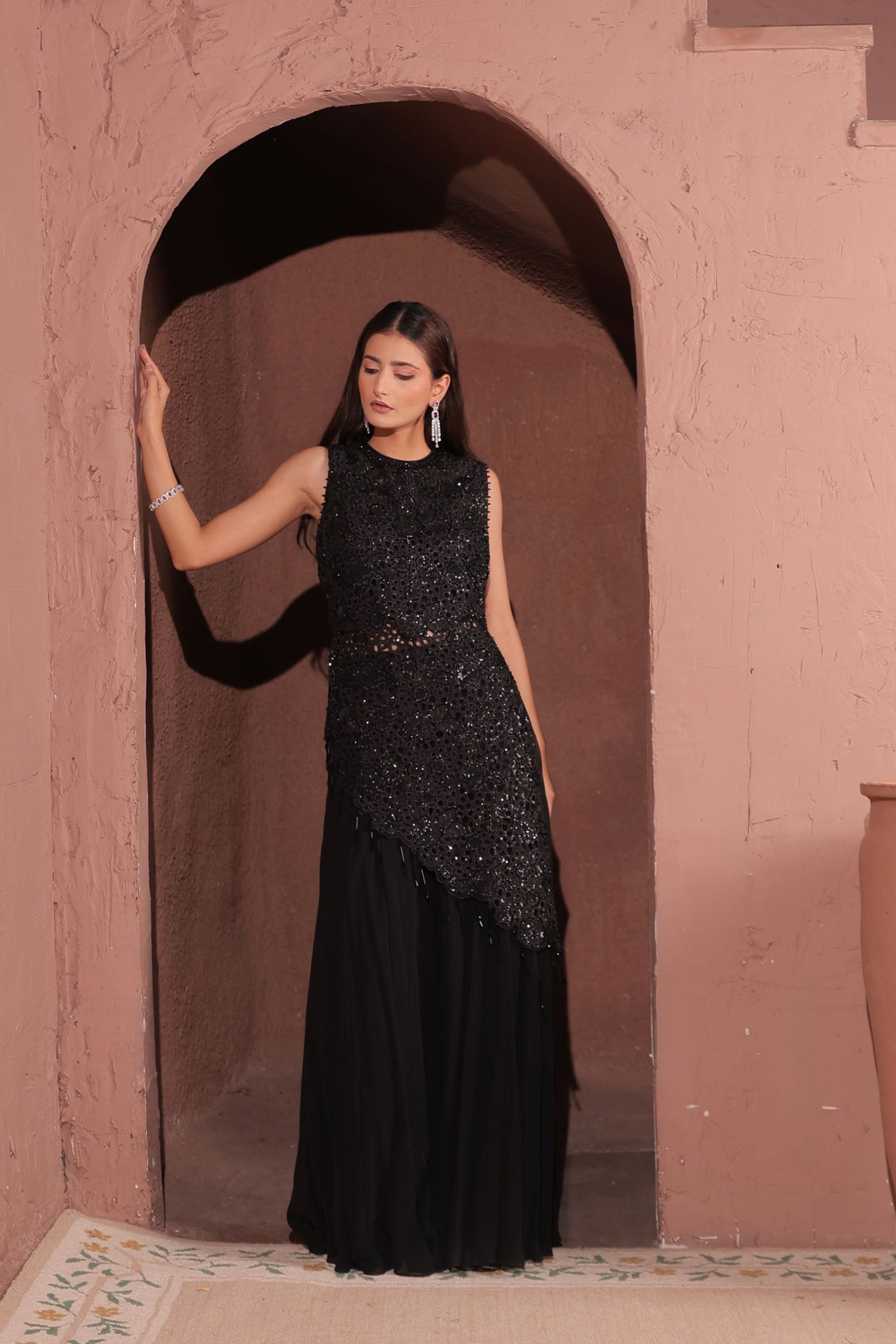 Majesty asymetric top with flared pants and dupatta