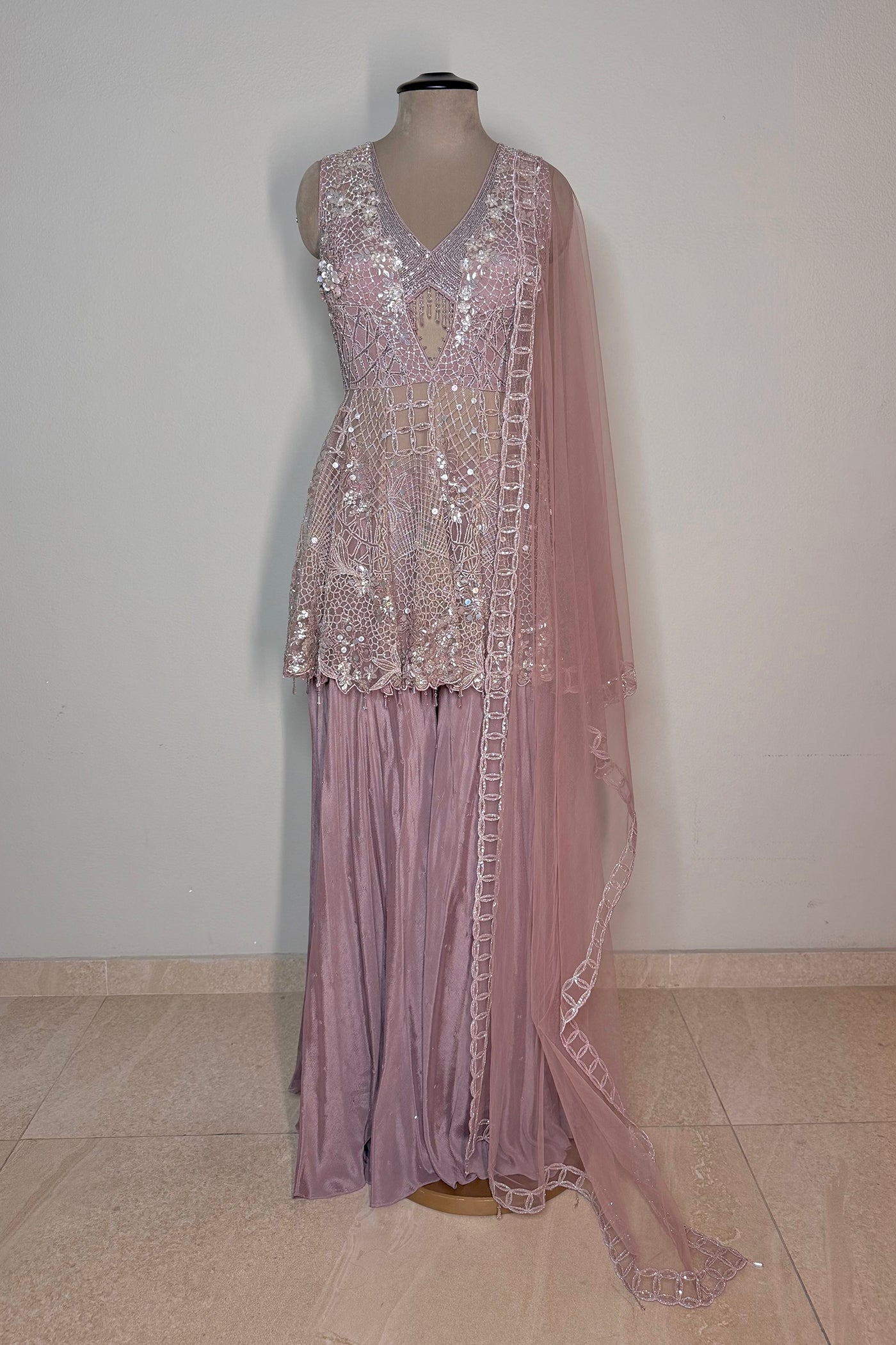 Meherza Net Peplum with Chinnon Flared Palazzo and Net Dupatta