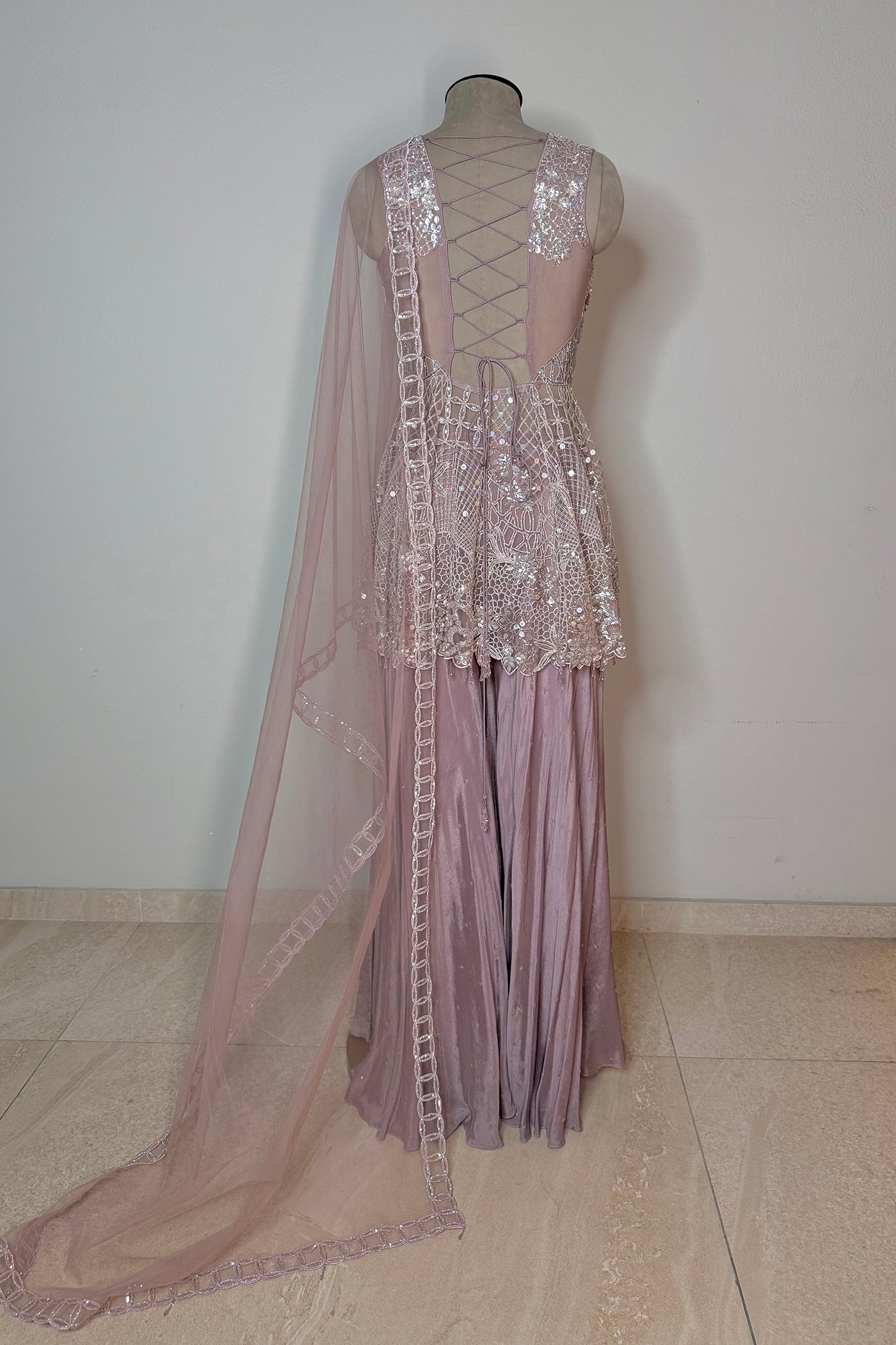 Meherza Net Peplum with Chinnon Flared Palazzo and Net Dupatta