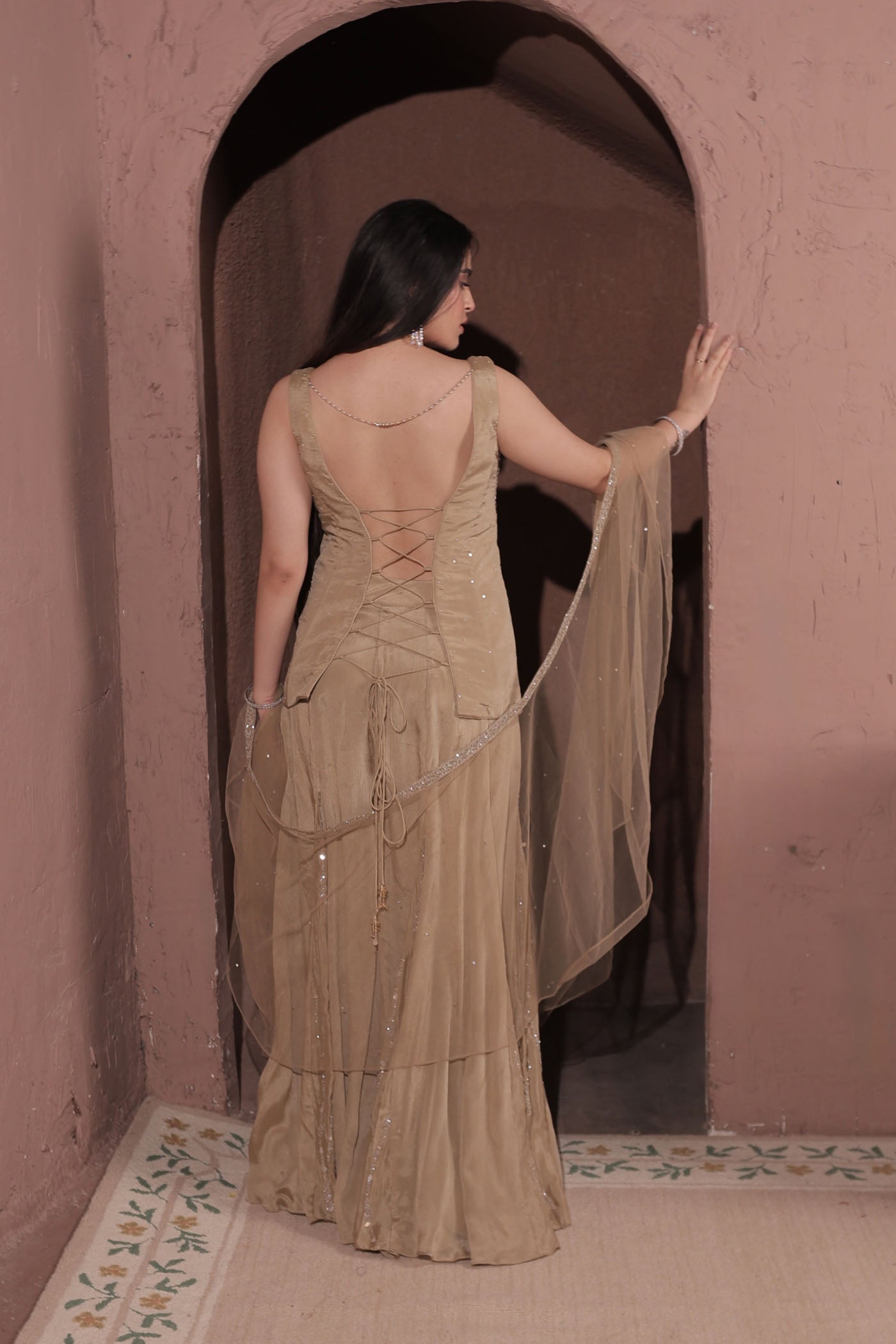 Shadow peplum top with bustier and flared pants