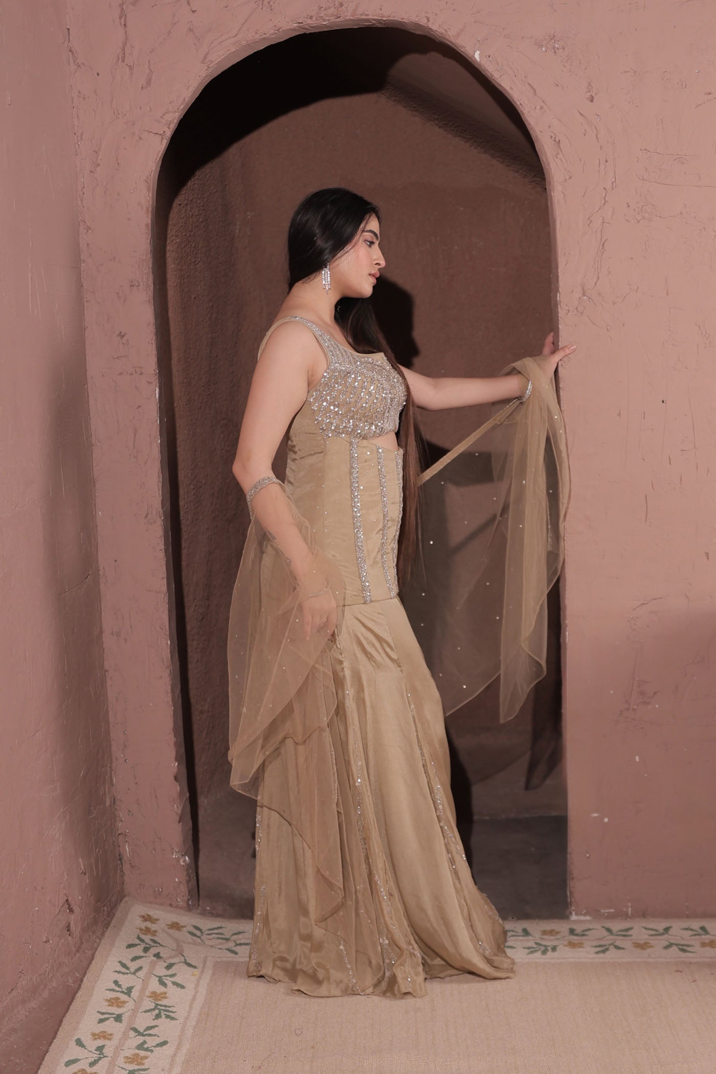 Shadow peplum top with bustier and flared pants