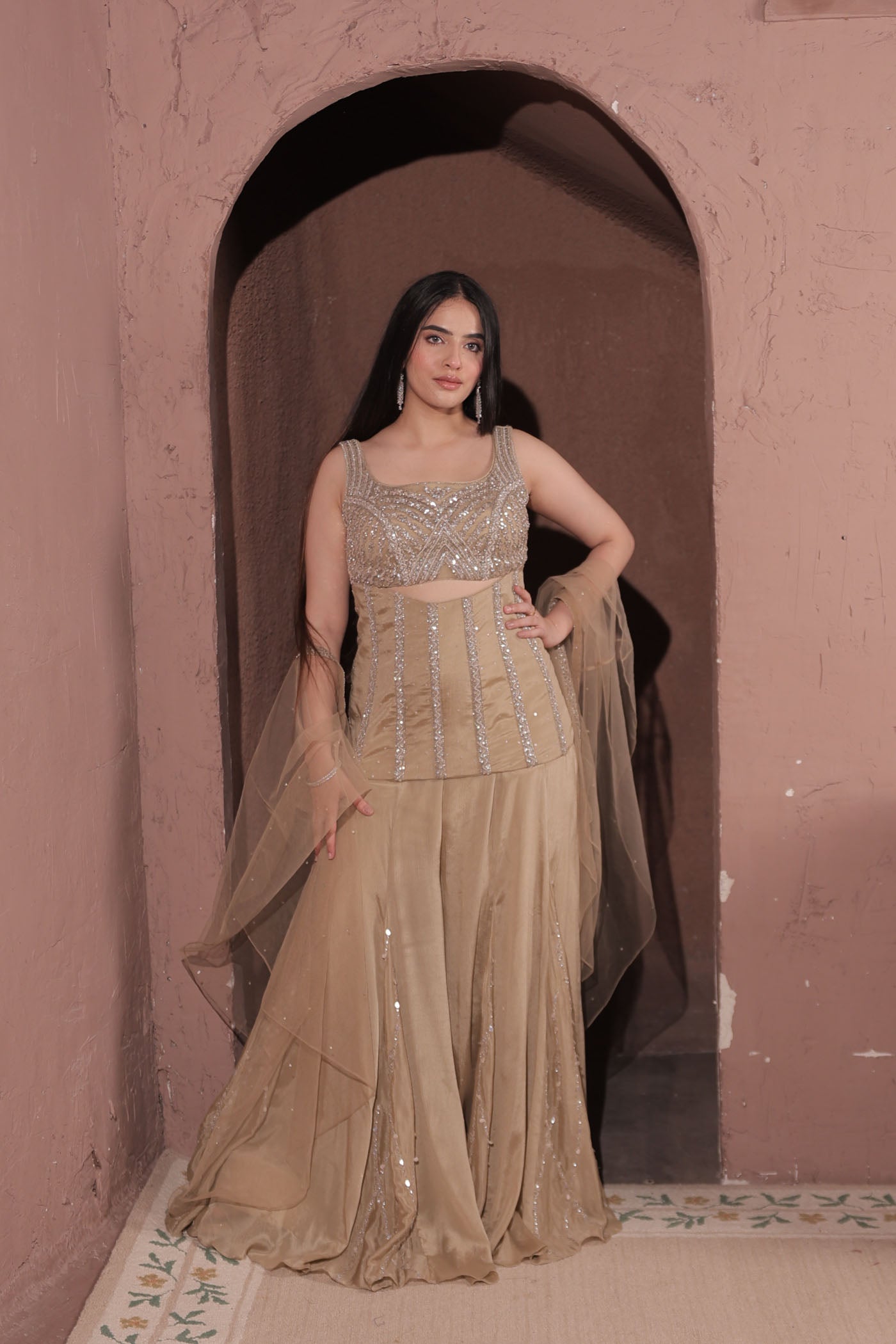 Shadow peplum top with bustier and flared pants