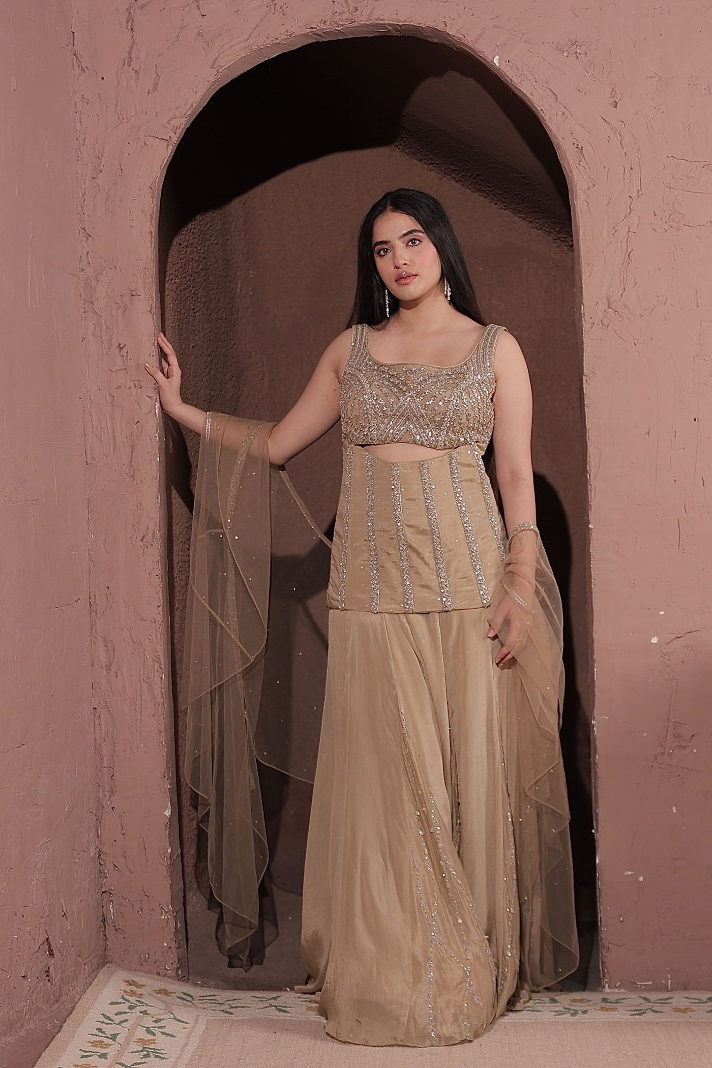 Shadow peplum top with bustier and flared pants