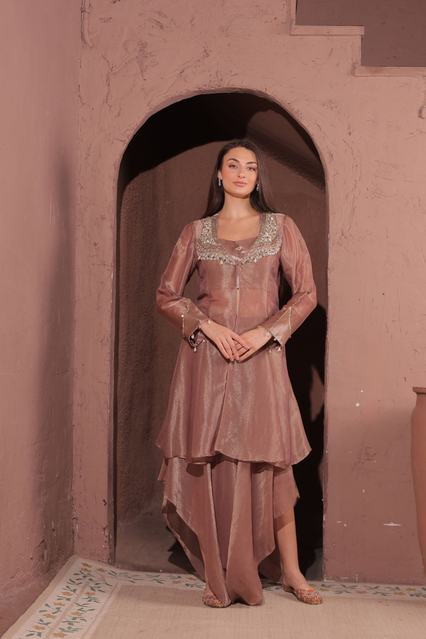 Azra Asymmetrical Palazzo with Short Blouse and Cape