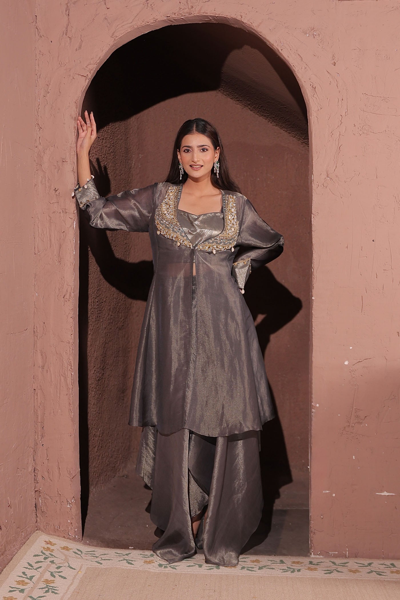 Azra Asymmetrical Palazzo with Short Blouse and Cape