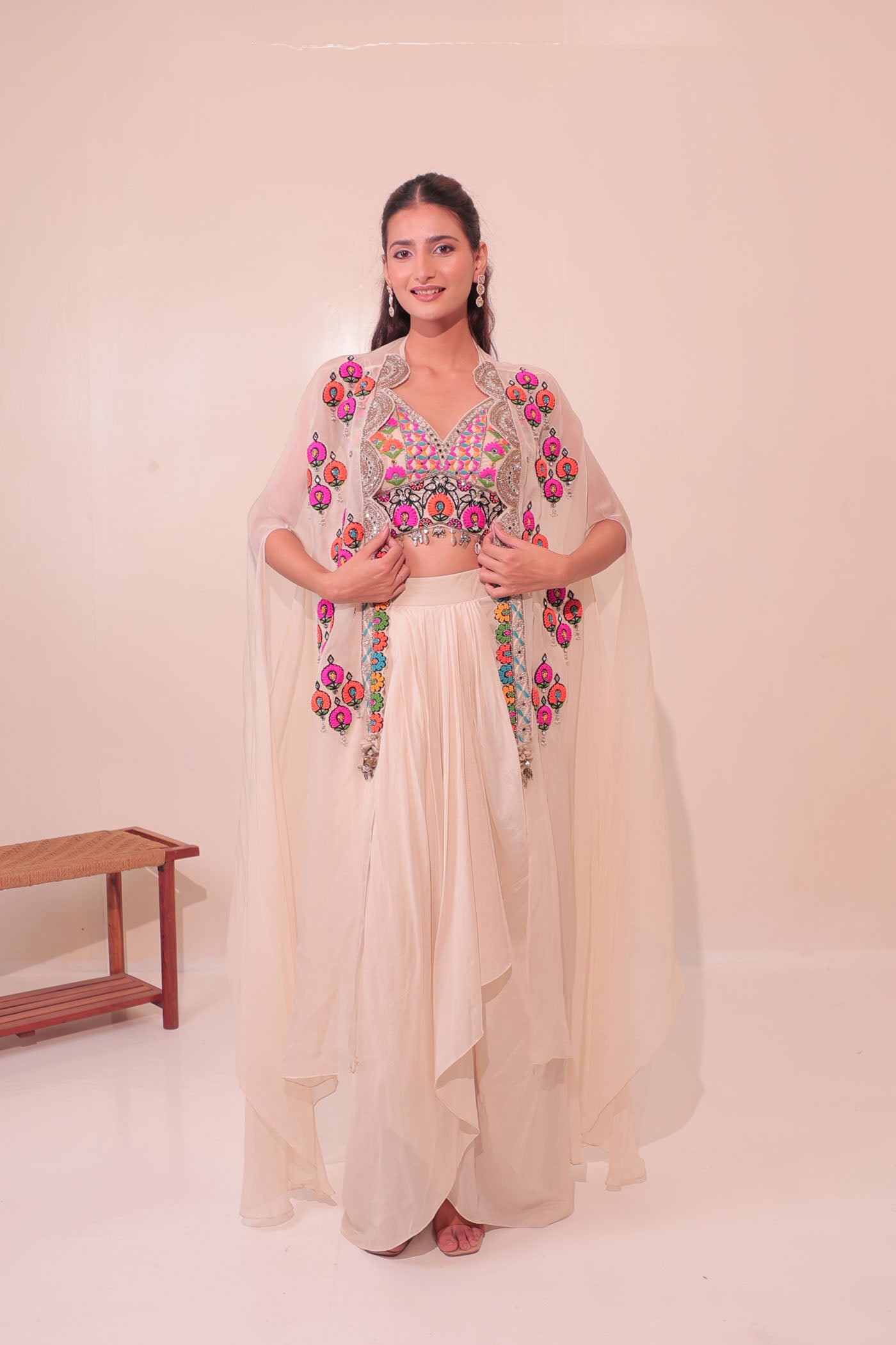 Tanvi Chandra In Vanya Drape Dhoti with Short Blouse and Cape