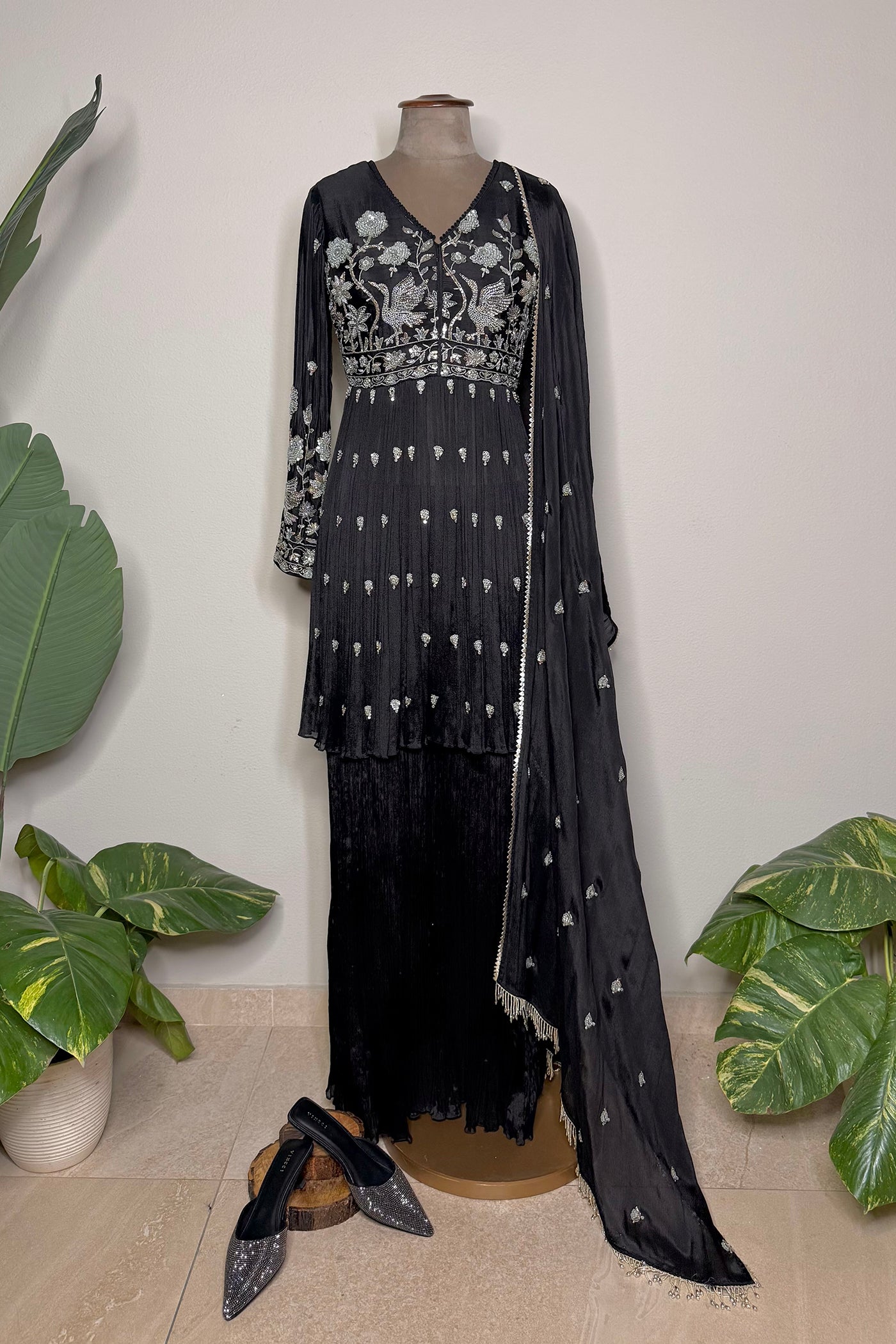 Tanishka Short Gathered Kurta with Garara and Chinnon Dupatta