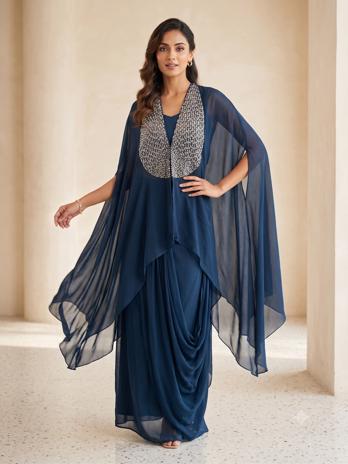 Iyan Midnight Blue Drape Dhoti Set