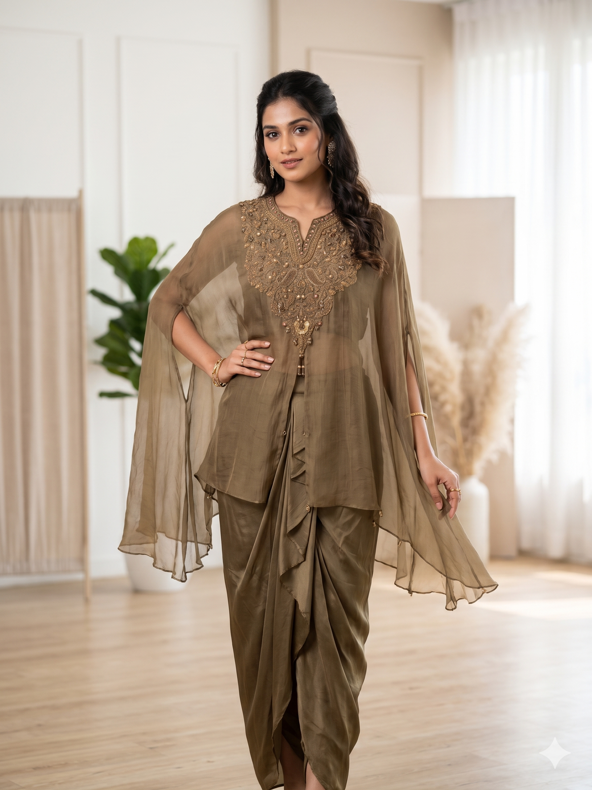 Yuna Olive Green Drape Dhoti Set