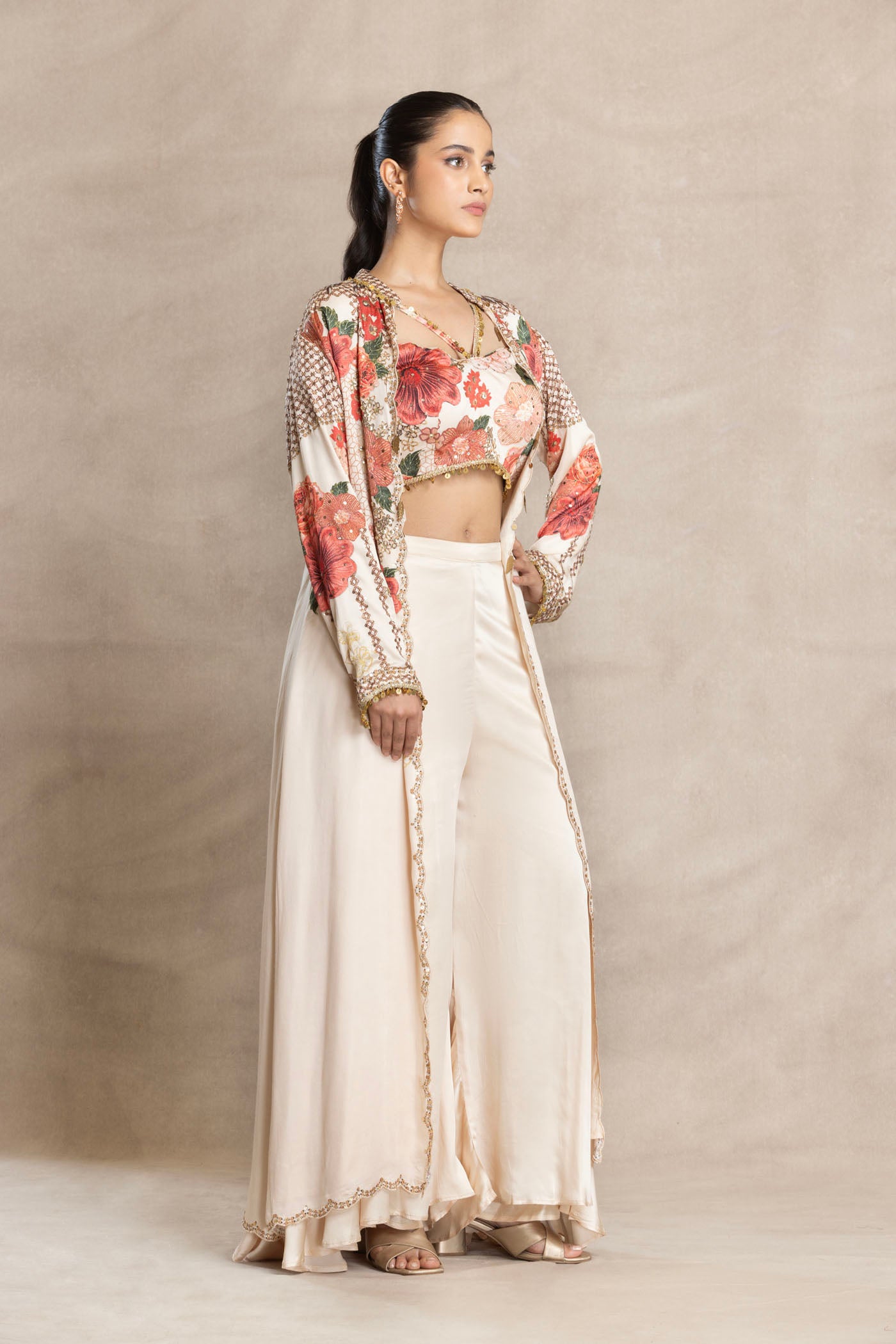 NISA Printed Bustier with Front-Open Jacket and Flared Palazzo