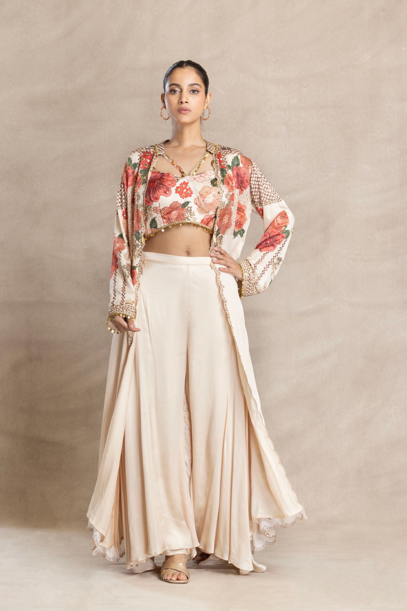 NISA Printed Bustier with Front-Open Jacket and Flared Palazzo