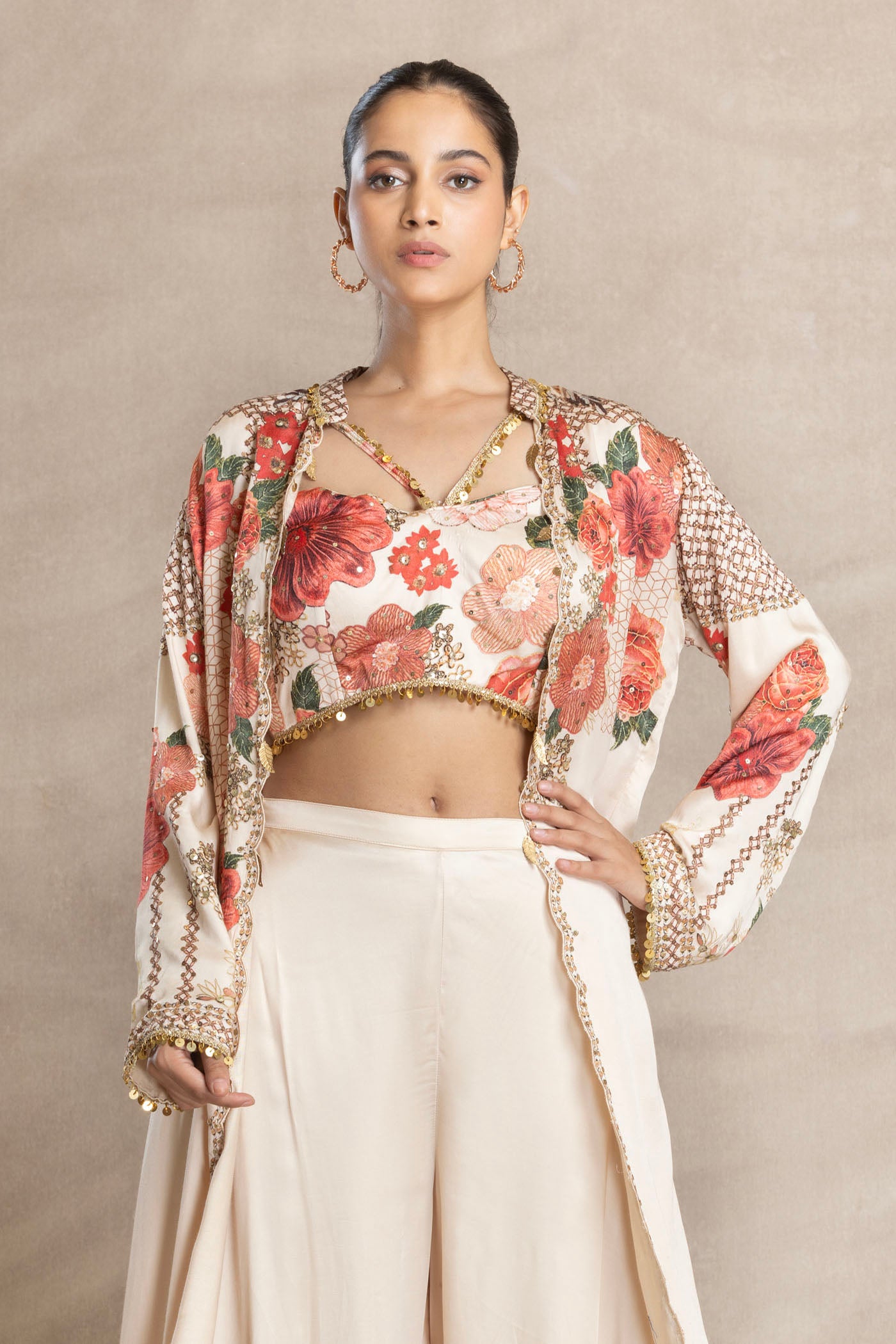 NISA Printed Bustier with Front-Open Jacket and Flared Palazzo