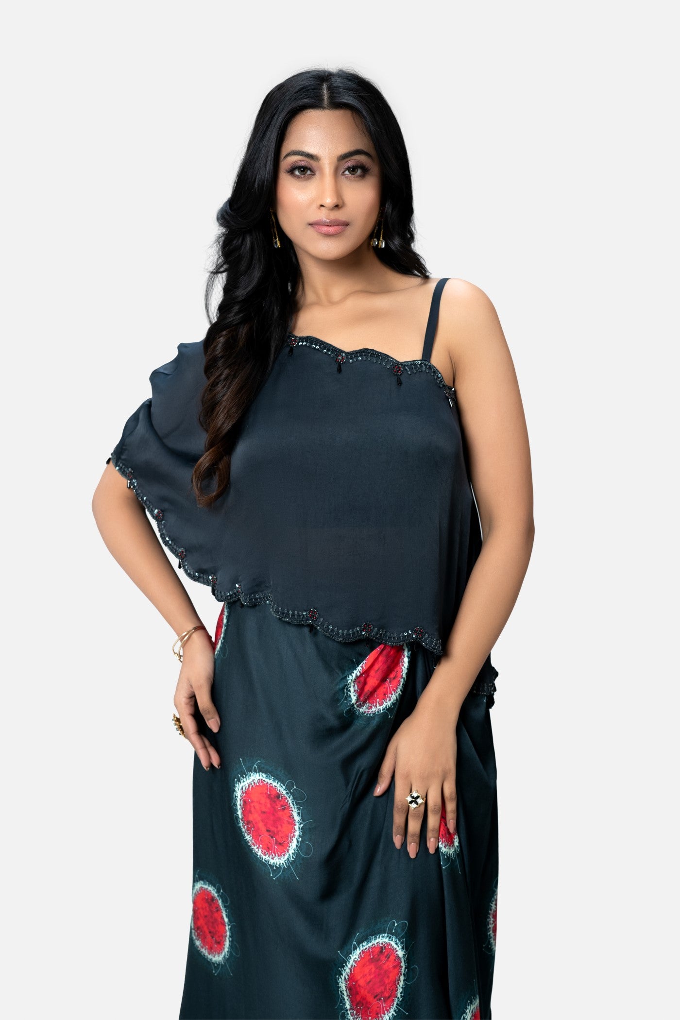 Norma Printed Skirt And Solid Cape Top Set