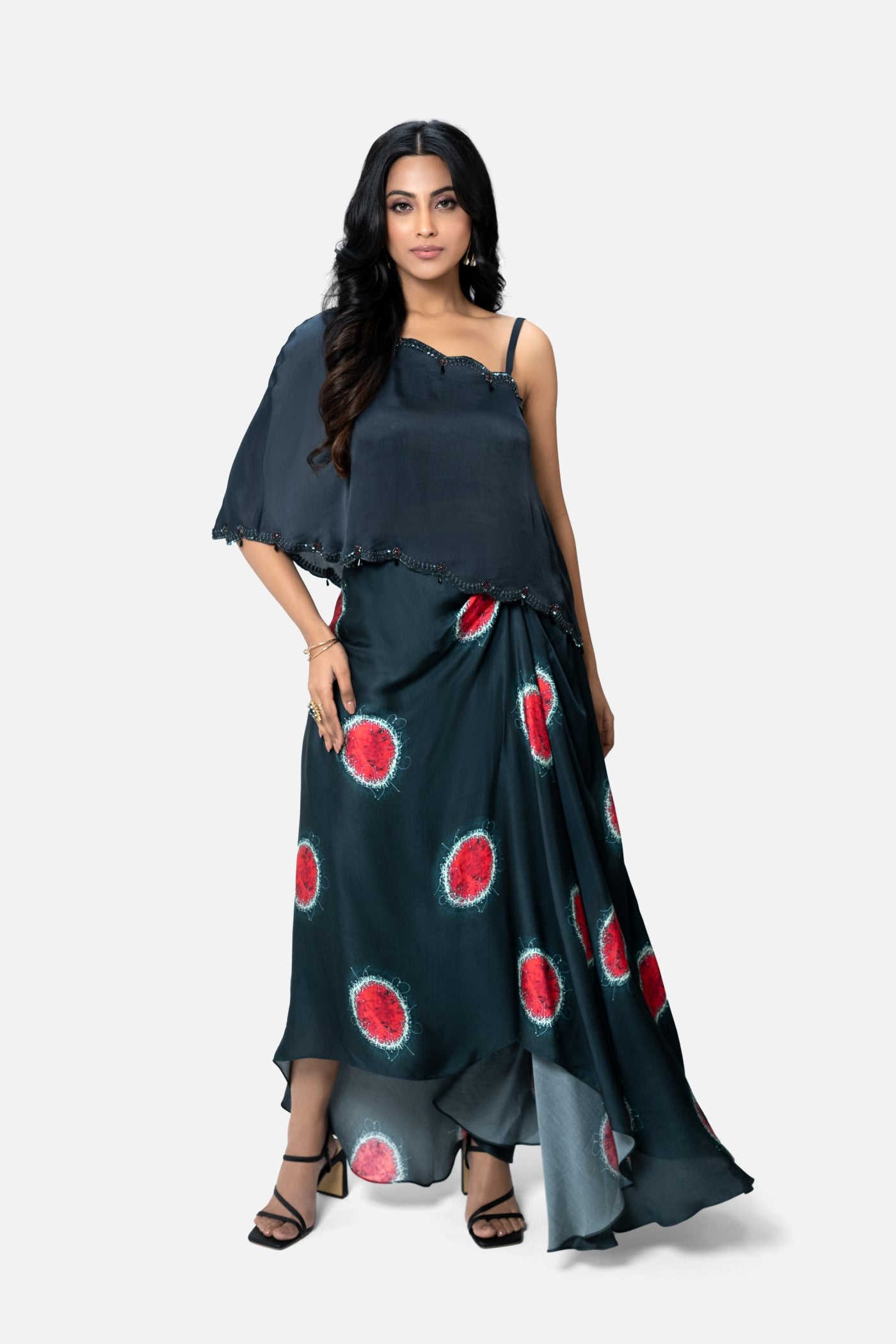 Norma Printed Skirt And Solid Cape Top Set