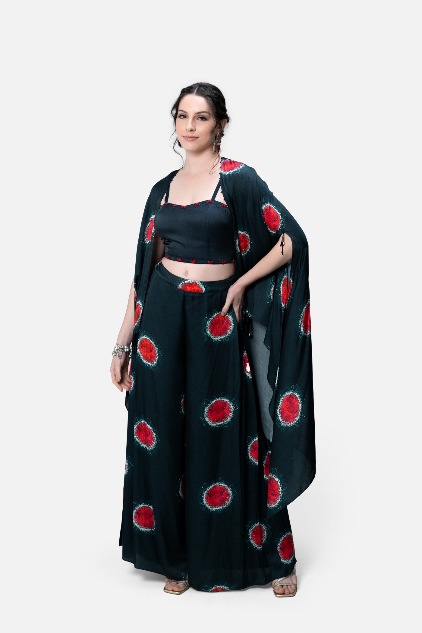Nida Bustier Blouse And Palazzo Set With Printed Cape