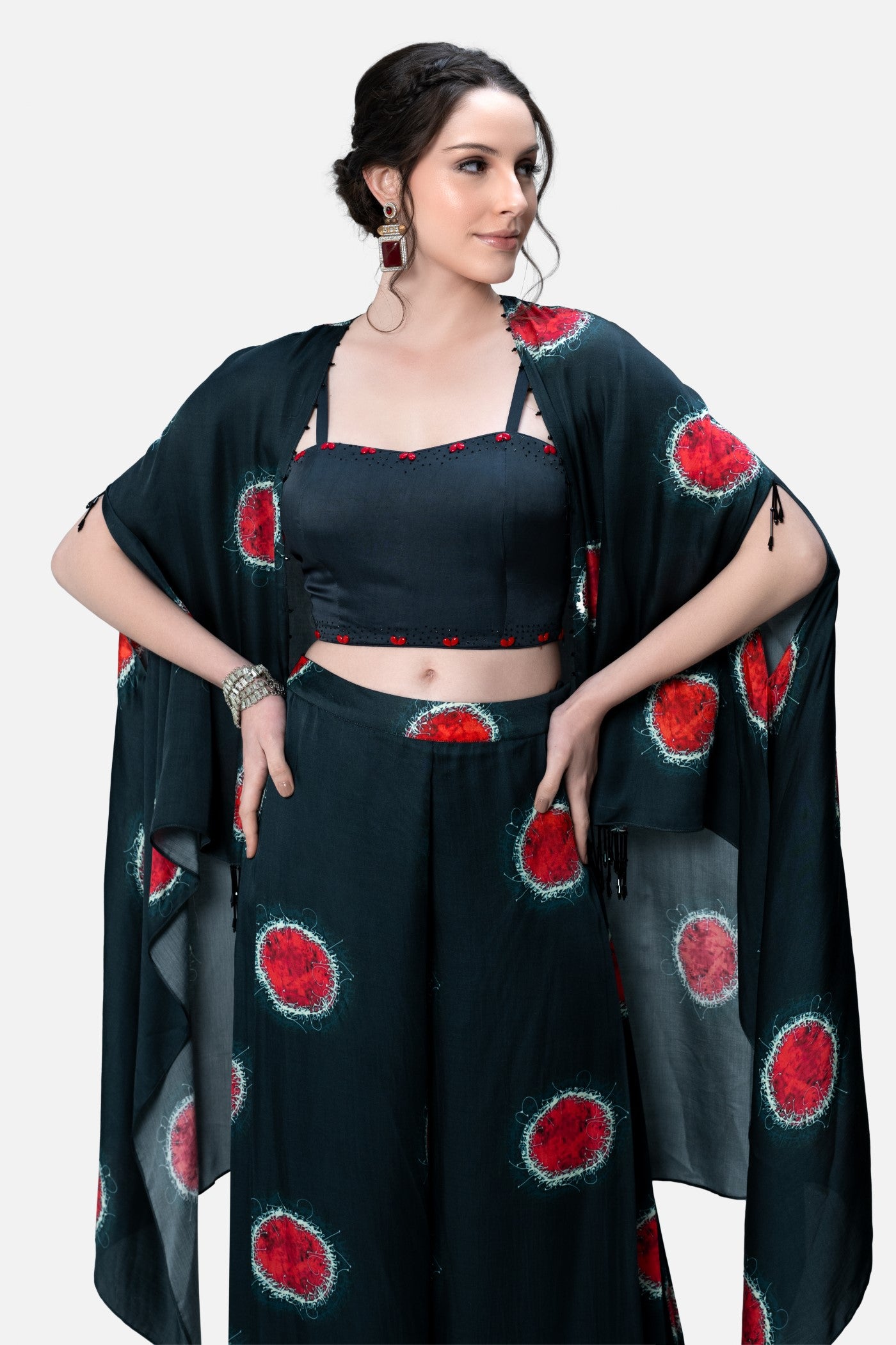 Nida Bustier Blouse And Palazzo Set With Printed Cape