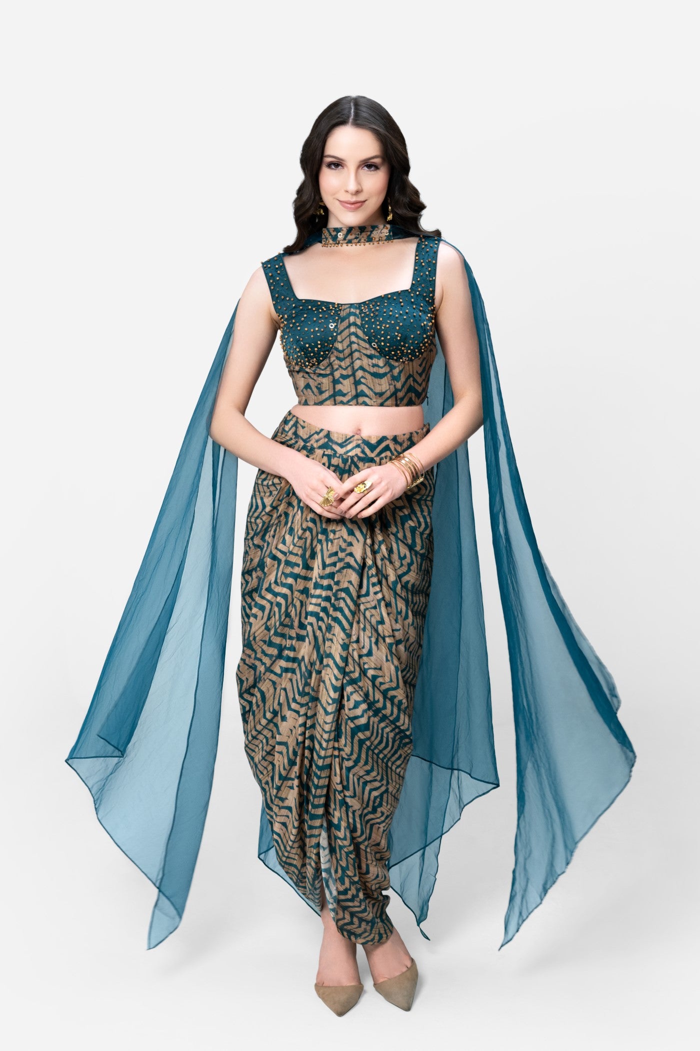 Teresa Printed Dhoti And Cami Blouse Set With Dupatta