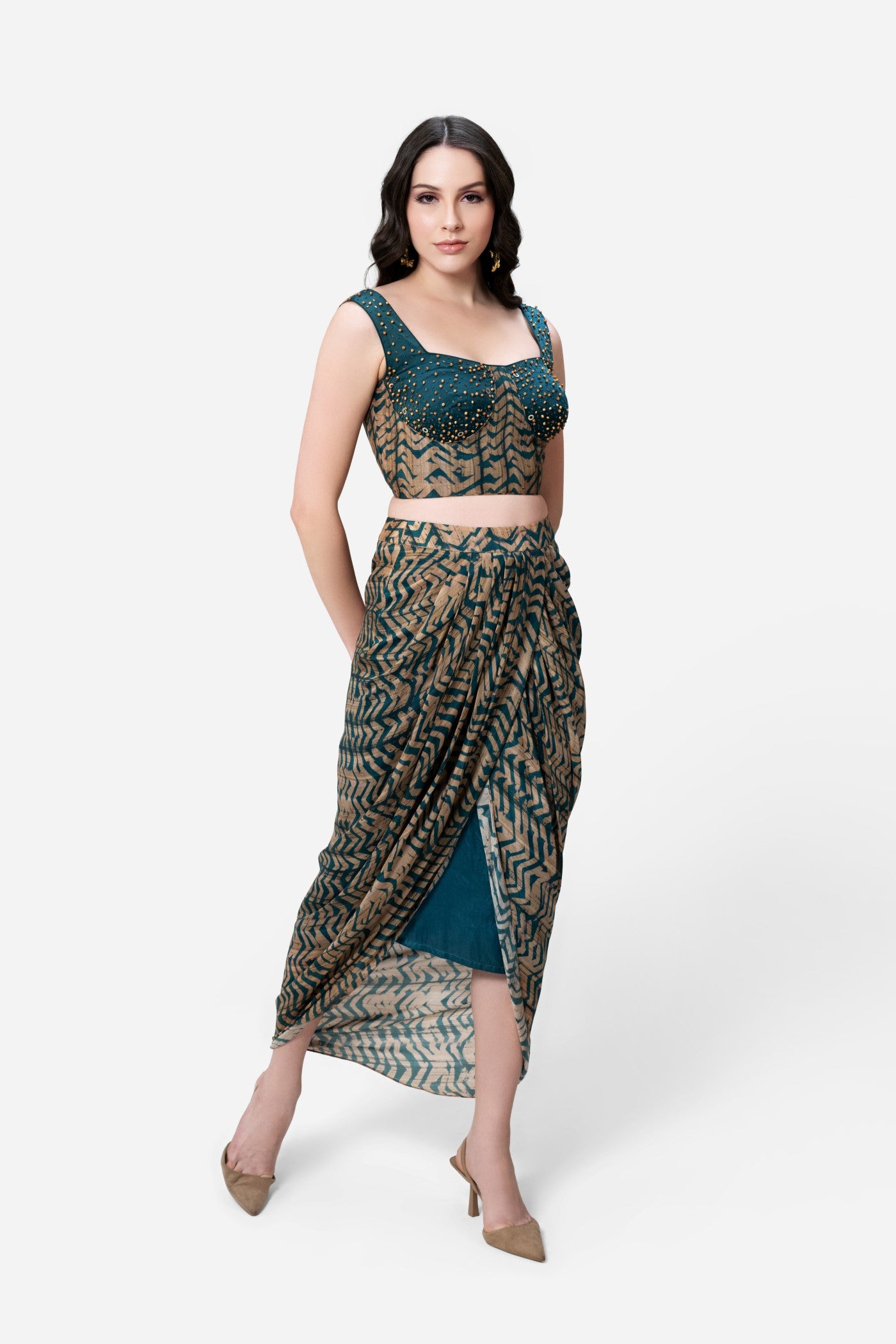 Teresa Printed Dhoti And Cami Blouse Set With Dupatta