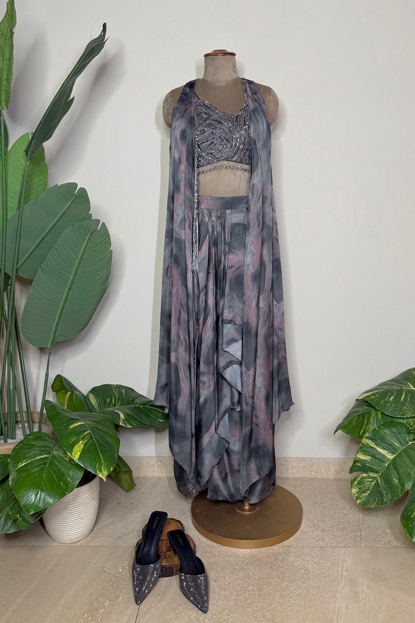 Sitara Drape Skirt with Handwork Blouse and Halter Cape Set