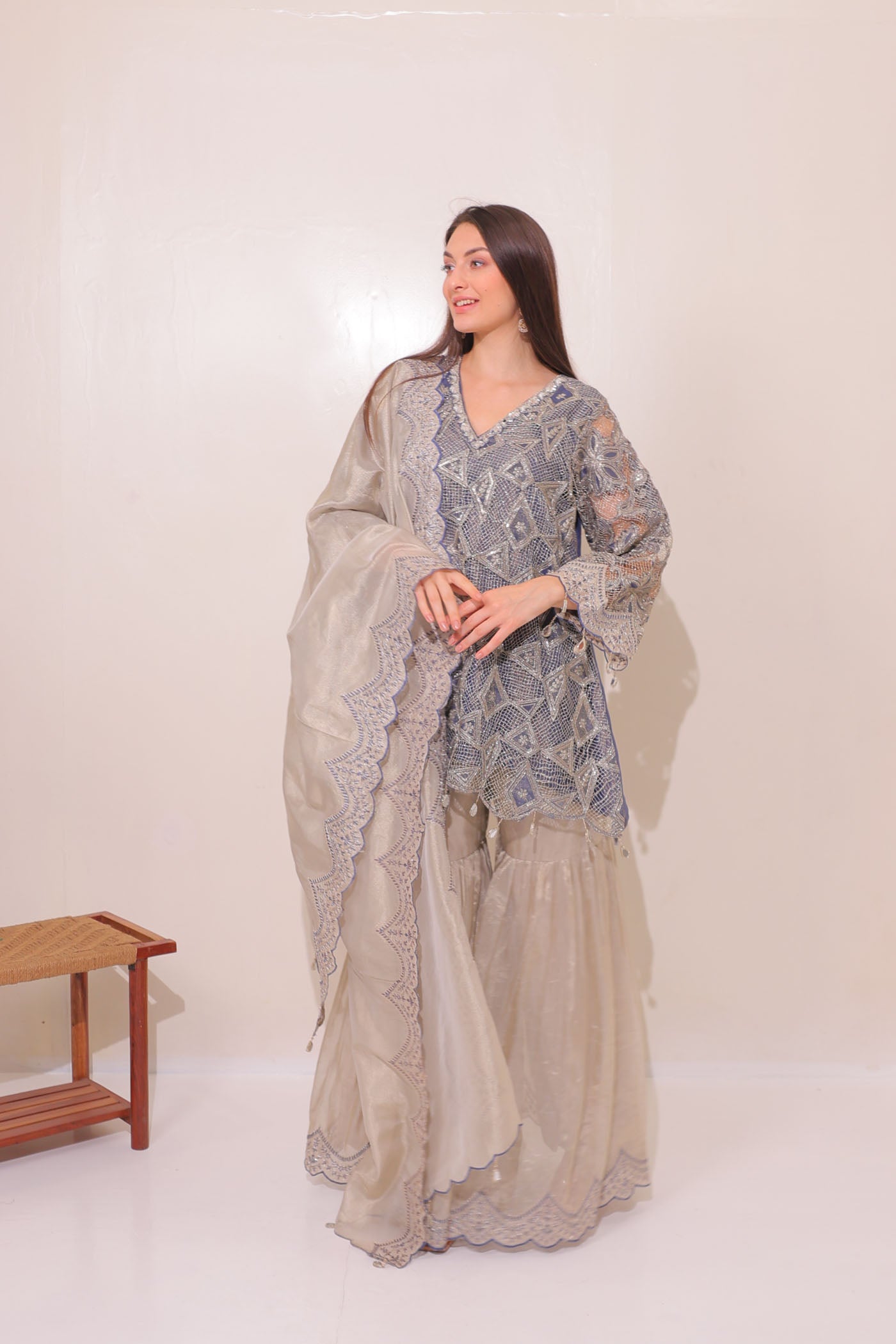 Iris Blue Sharara Suit Set With Dupatta
