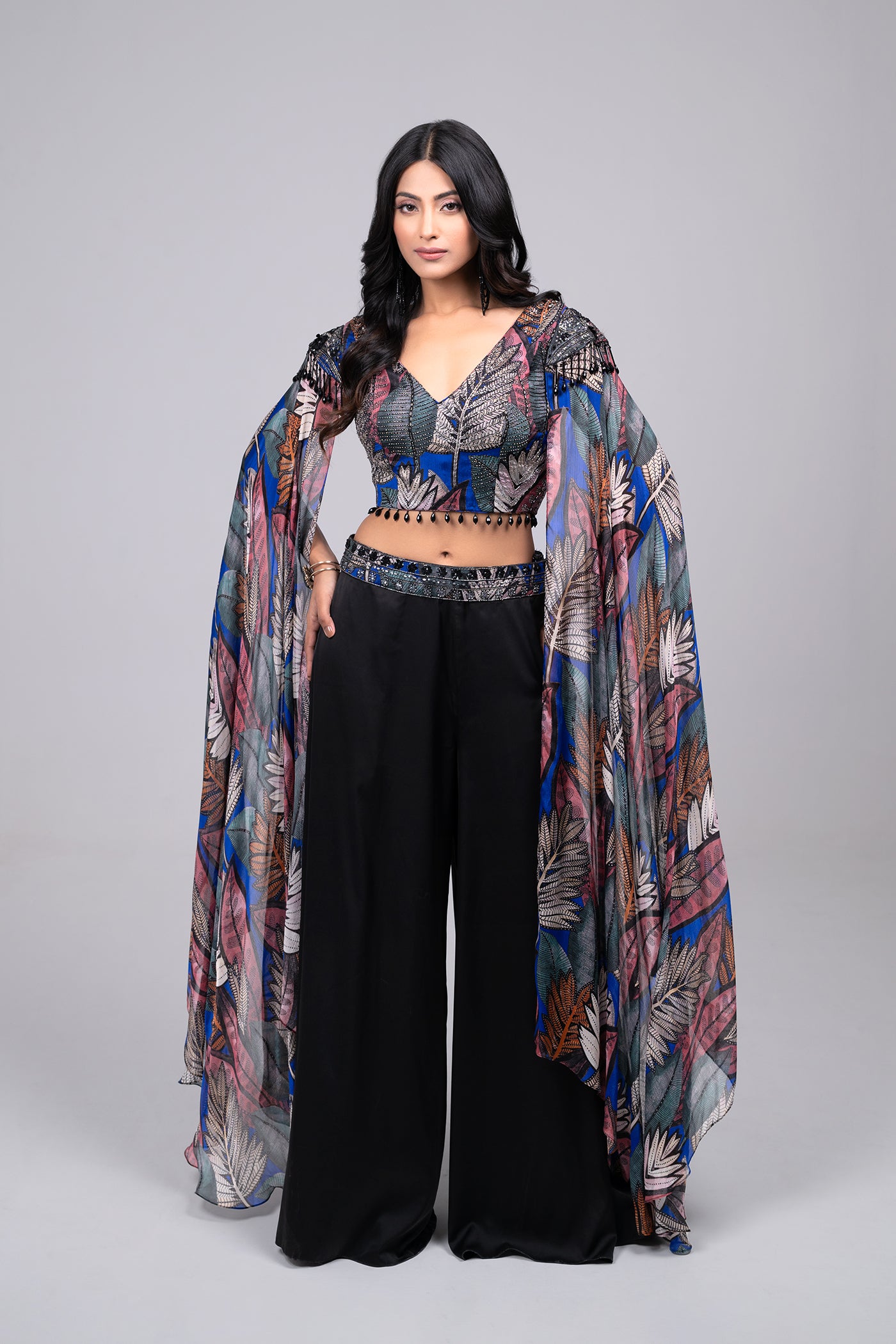 Enola Blouse With Long Extended Shoulder Sleeves And Flair Pants Set