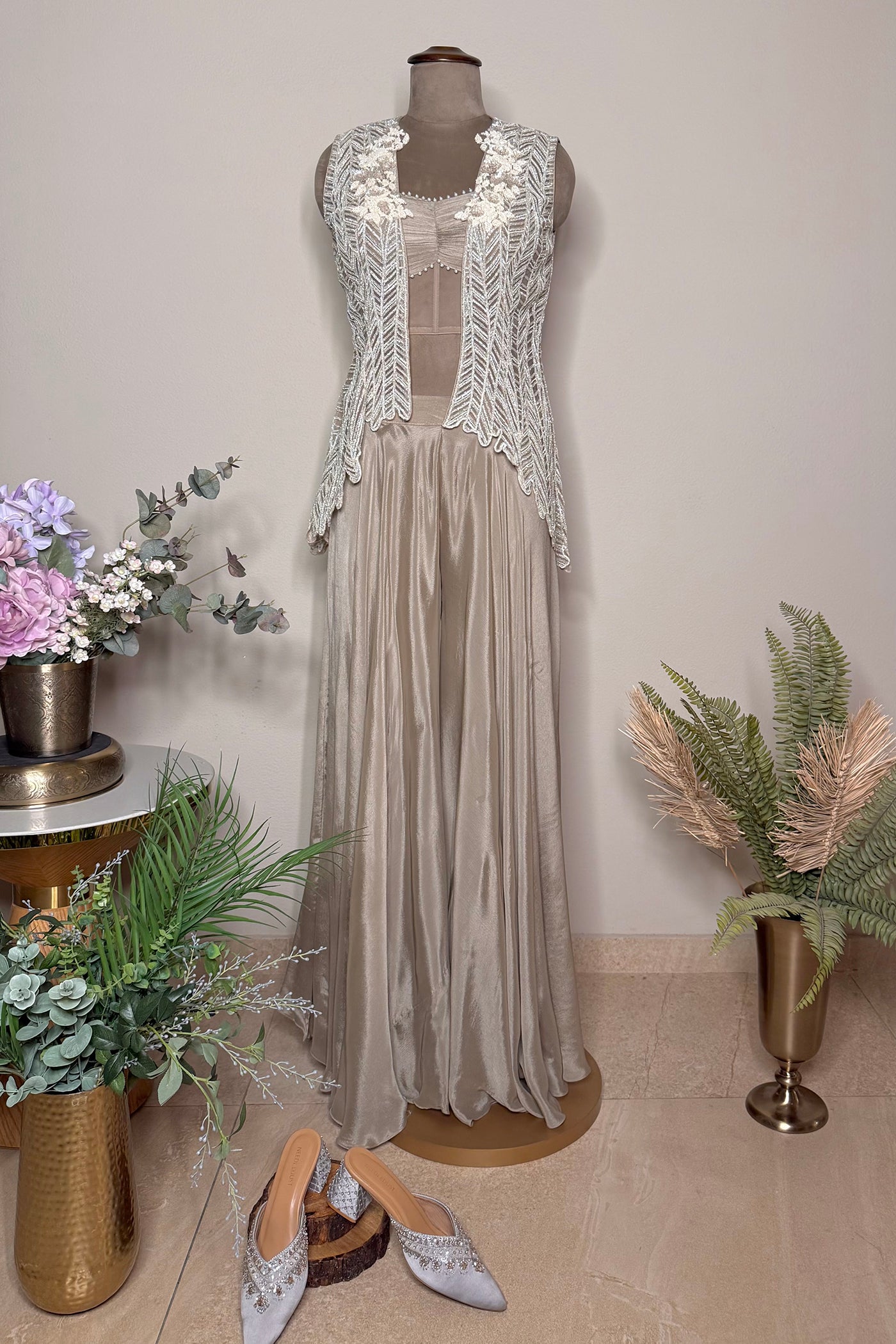 Anvitha Net Short Front-Open Jacket with Chinnon Blouse and Culottes