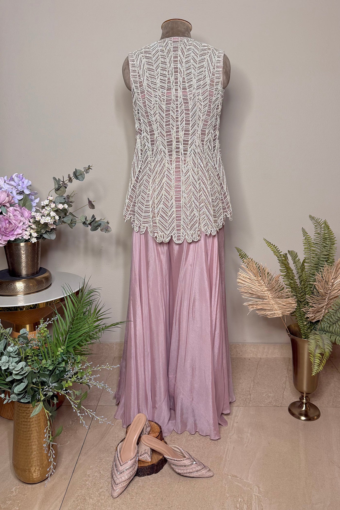 Anvitha Net Short Front-Open Jacket with Chinnon Blouse and Culottes