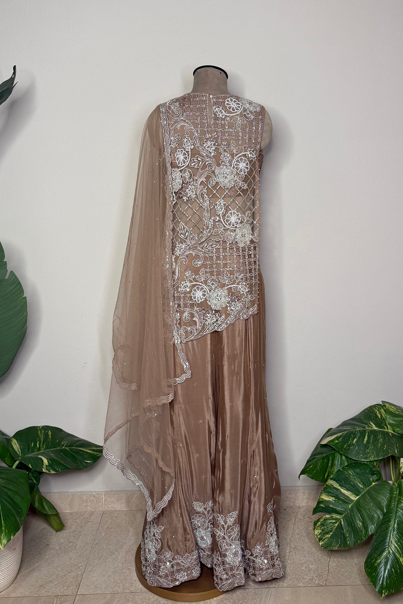 Aishani Asymmetric Kurta Top with Chinnon Palazzo and Net Dupatta