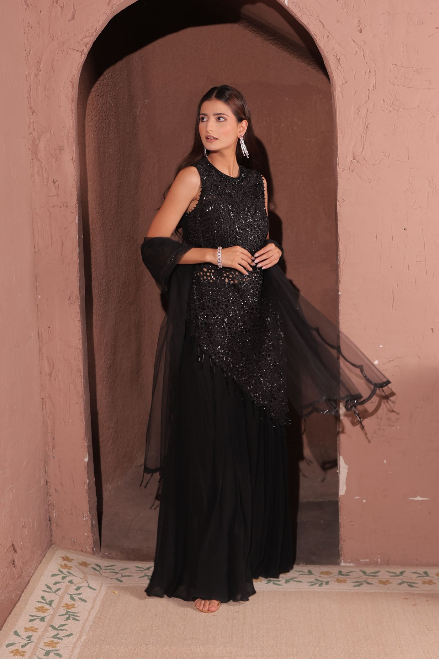 Majesty asymetric top with flared pants and dupatta