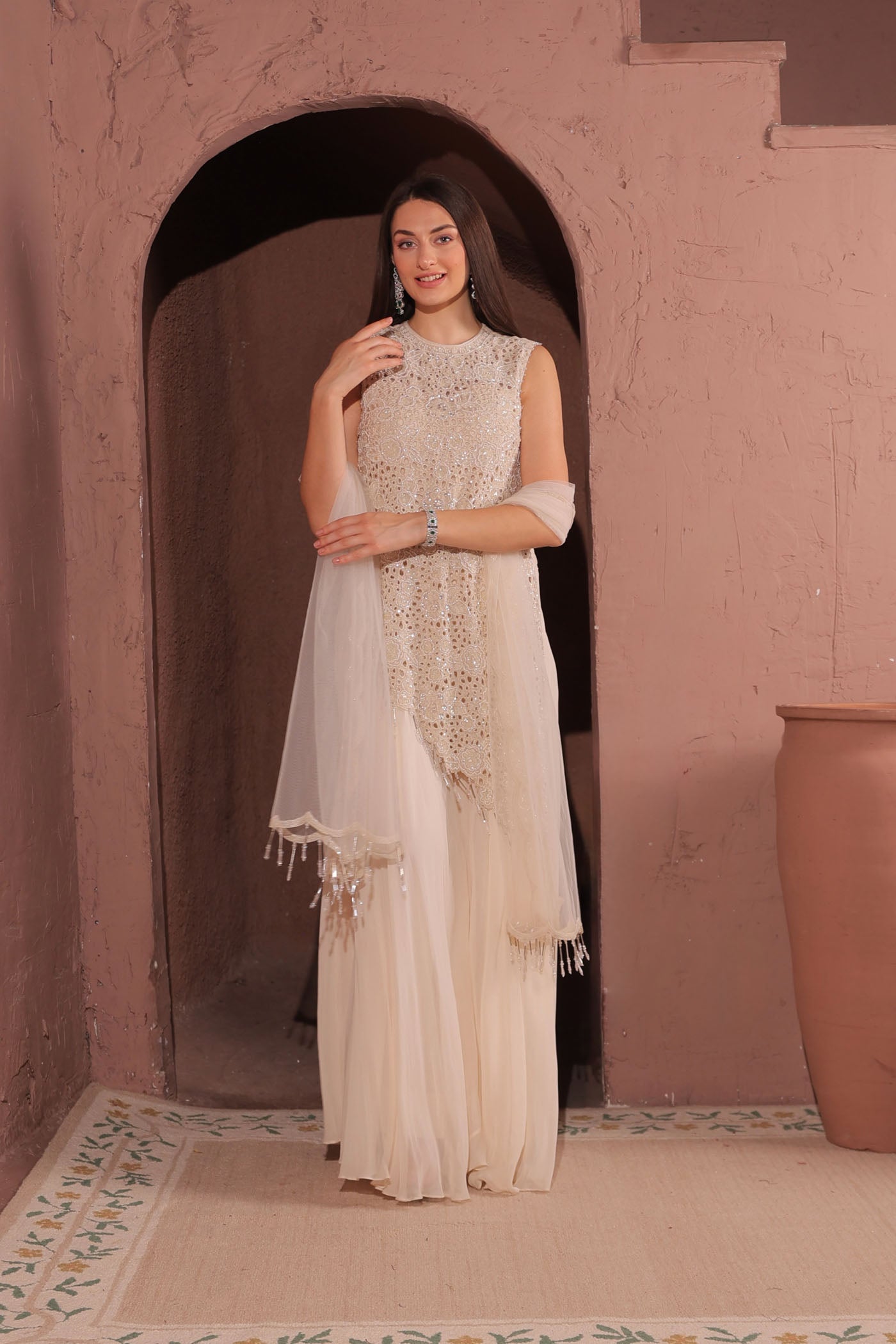 Majesty asymetric top with flared pants and dupatta