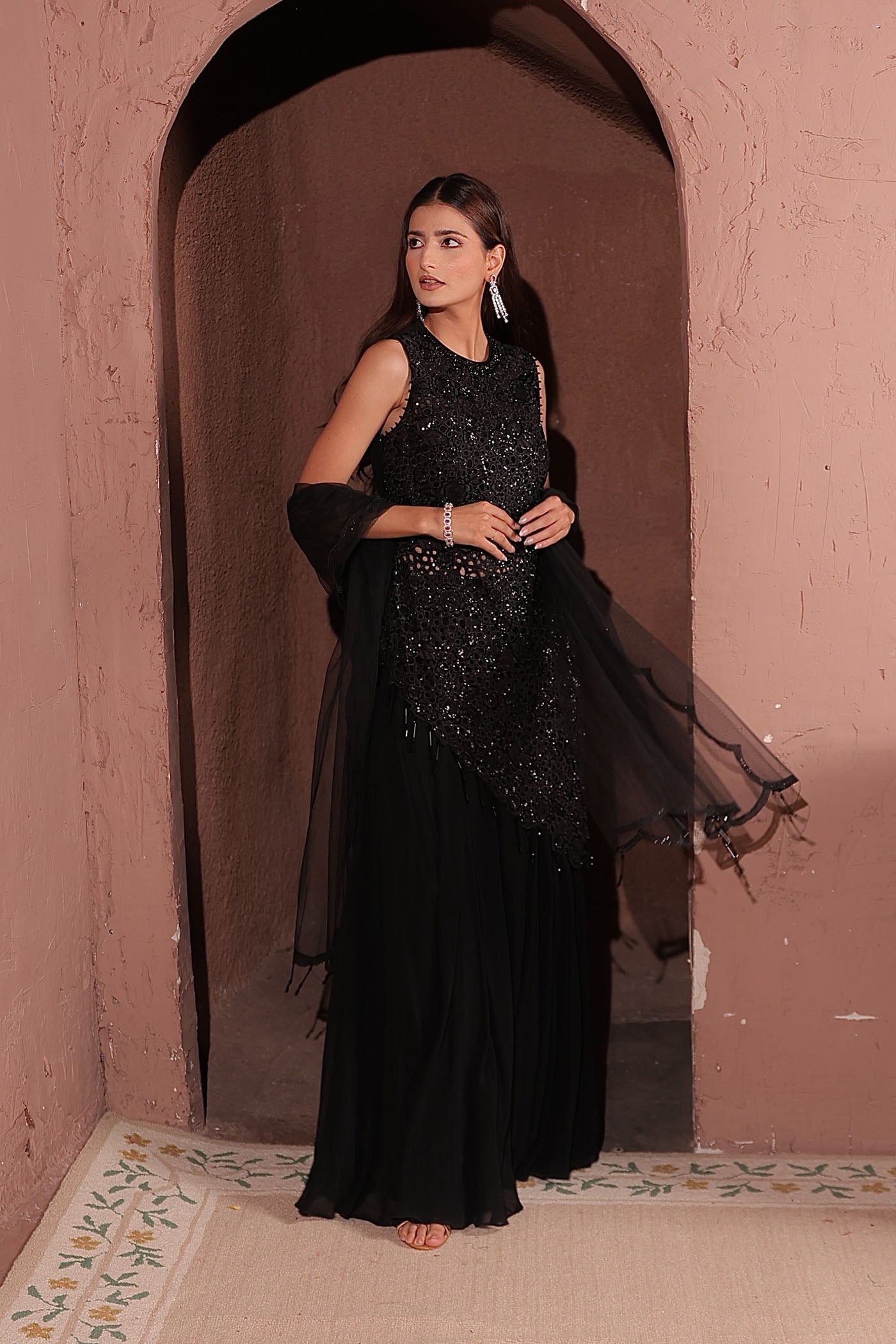 Majesty asymetric top with flared pants and dupatta