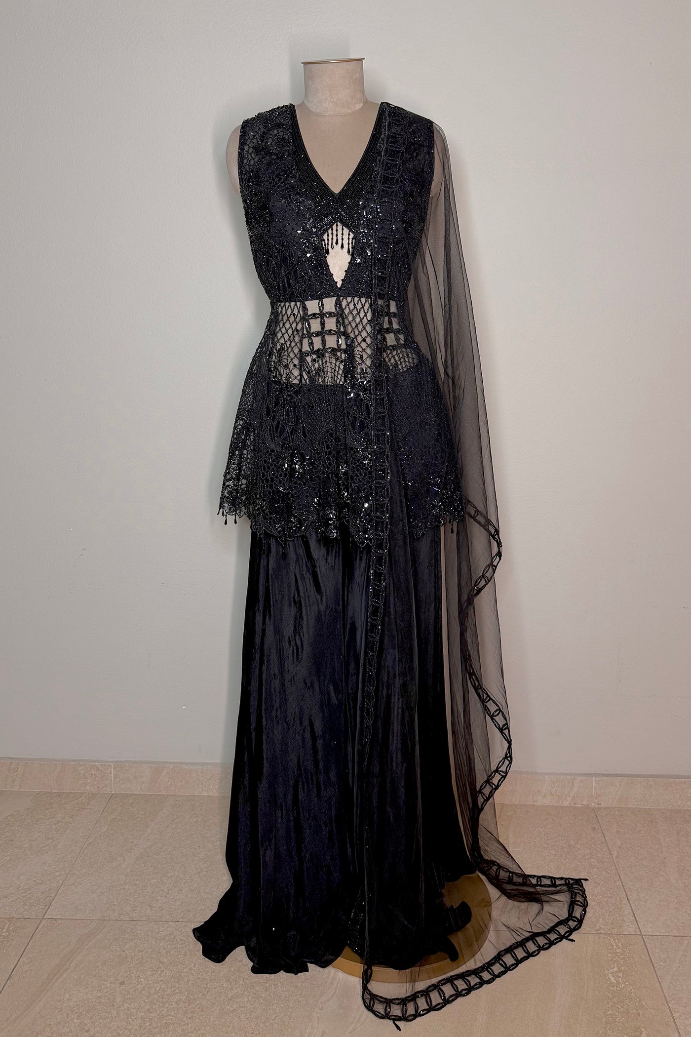 Meherza Net Peplum with Chinnon Flared Palazzo and Net Dupatta