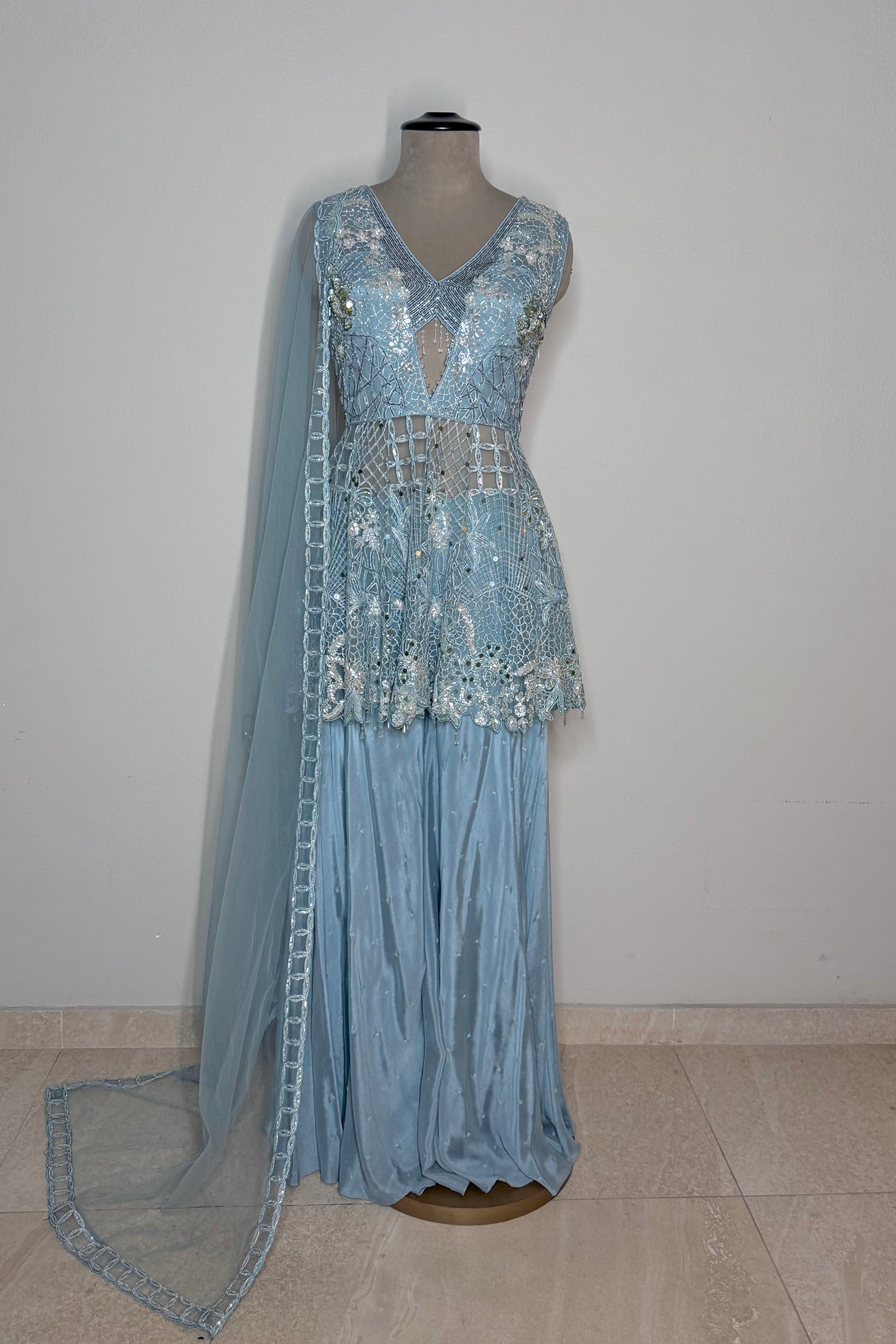 Meherza Net Peplum with Chinnon Flared Palazzo and Net Dupatta
