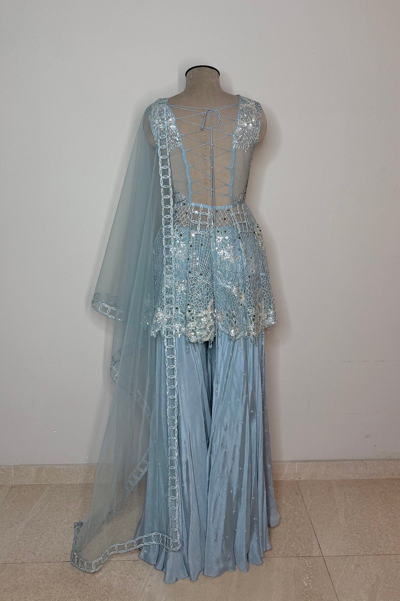 Meherza Net Peplum with Chinnon Flared Palazzo and Net Dupatta