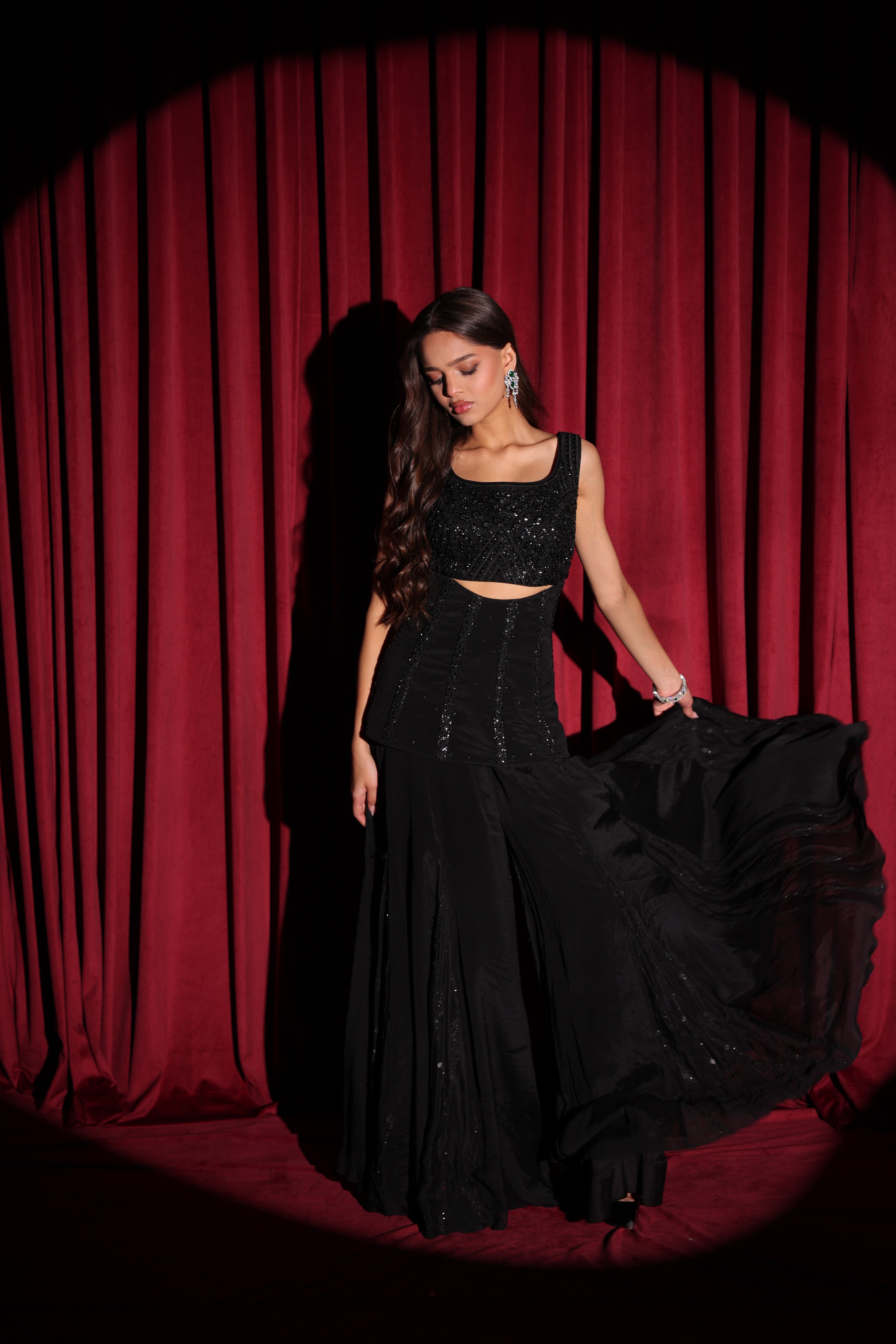 Shadow peplum top with bustier and flared pants