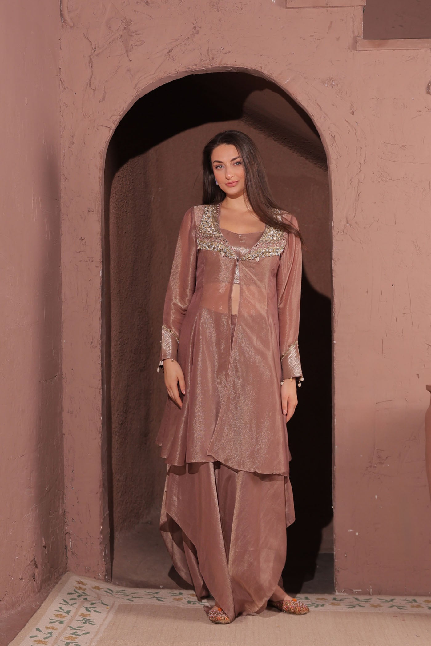 Azra Asymmetrical Palazzo with Short Blouse and Cape