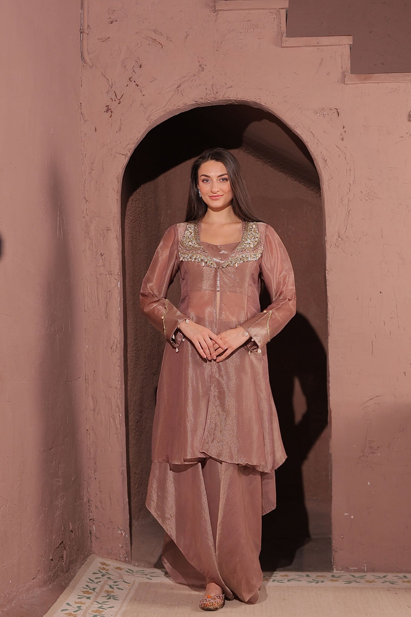 Azra Asymmetrical Palazzo with Short Blouse and Cape