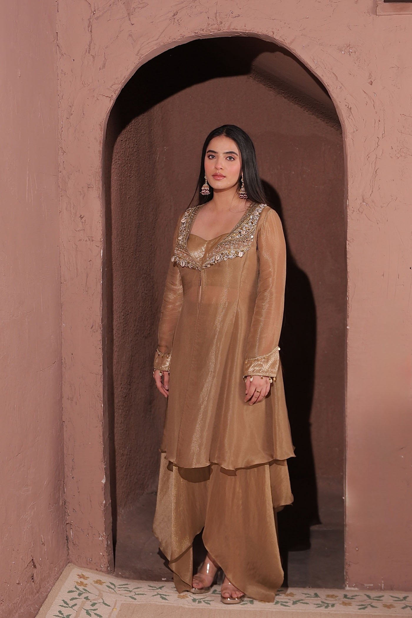 Azra Asymmetrical Palazzo with Short Blouse and Cape