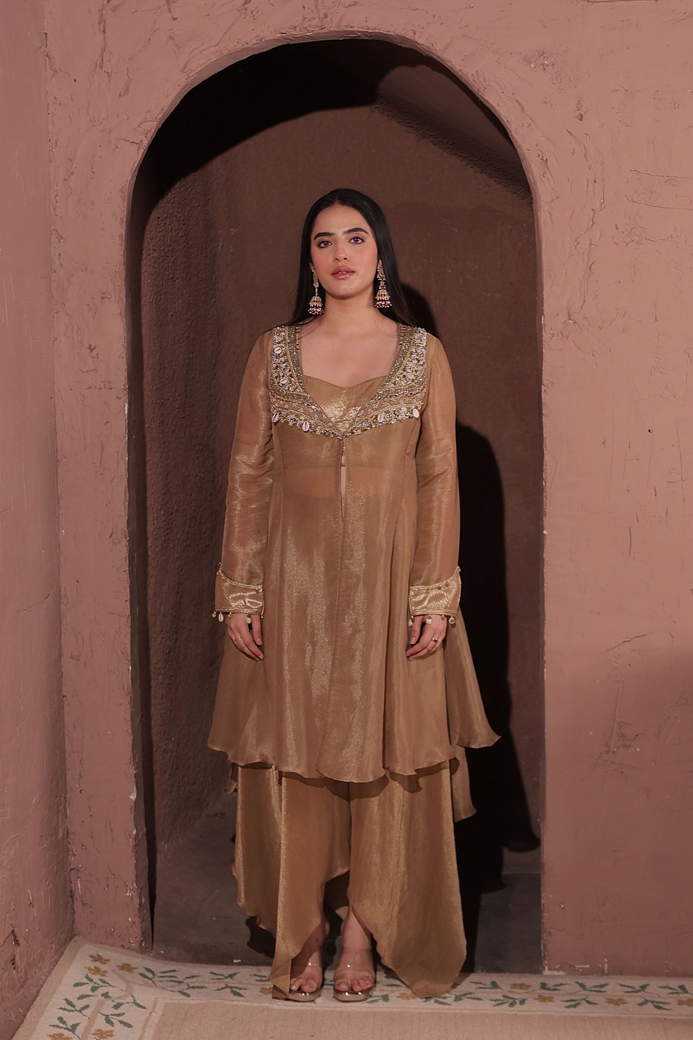 Azra Asymmetrical Palazzo with Short Blouse and Cape