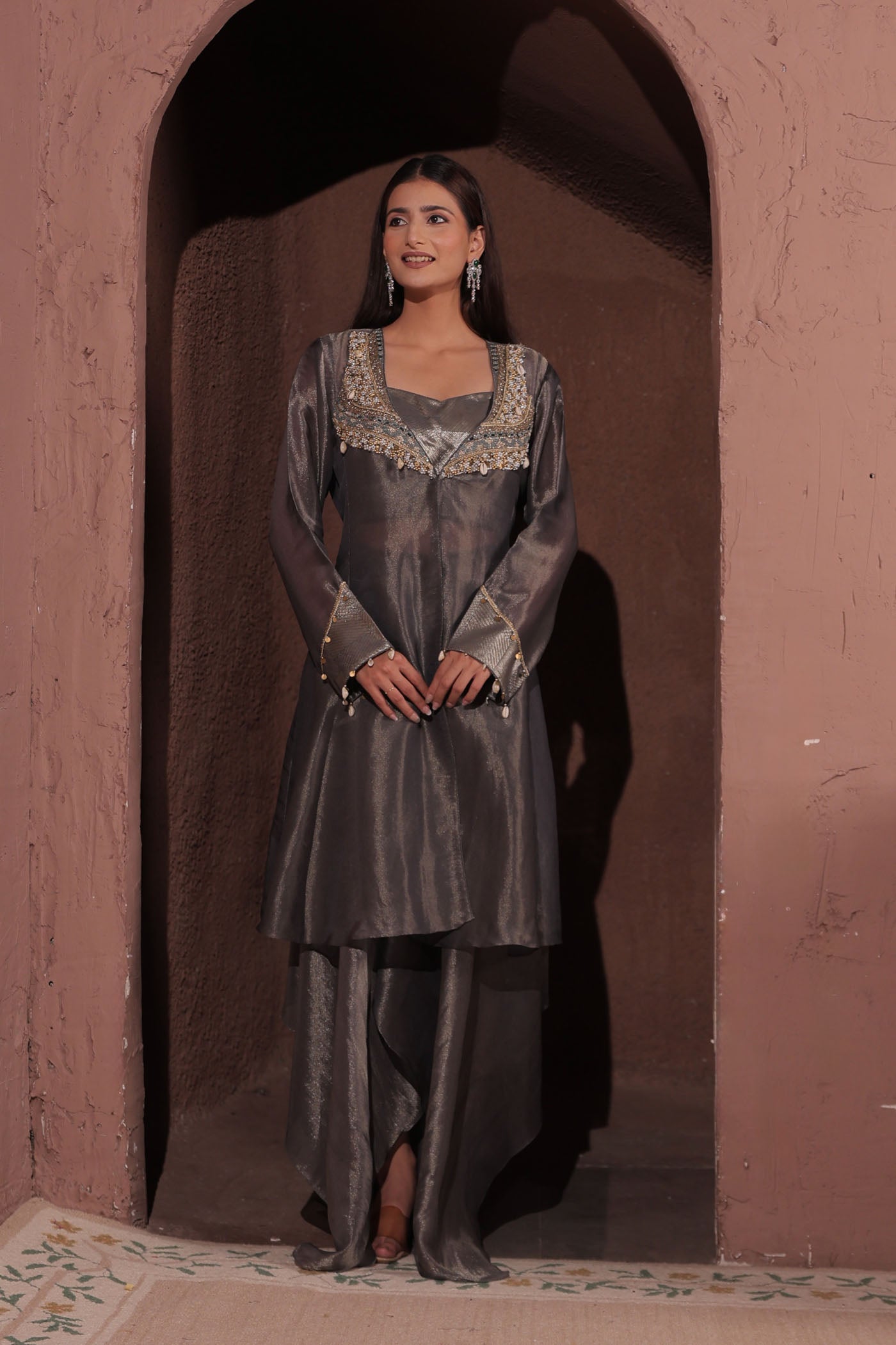 Azra Asymmetrical Palazzo with Short Blouse and Cape