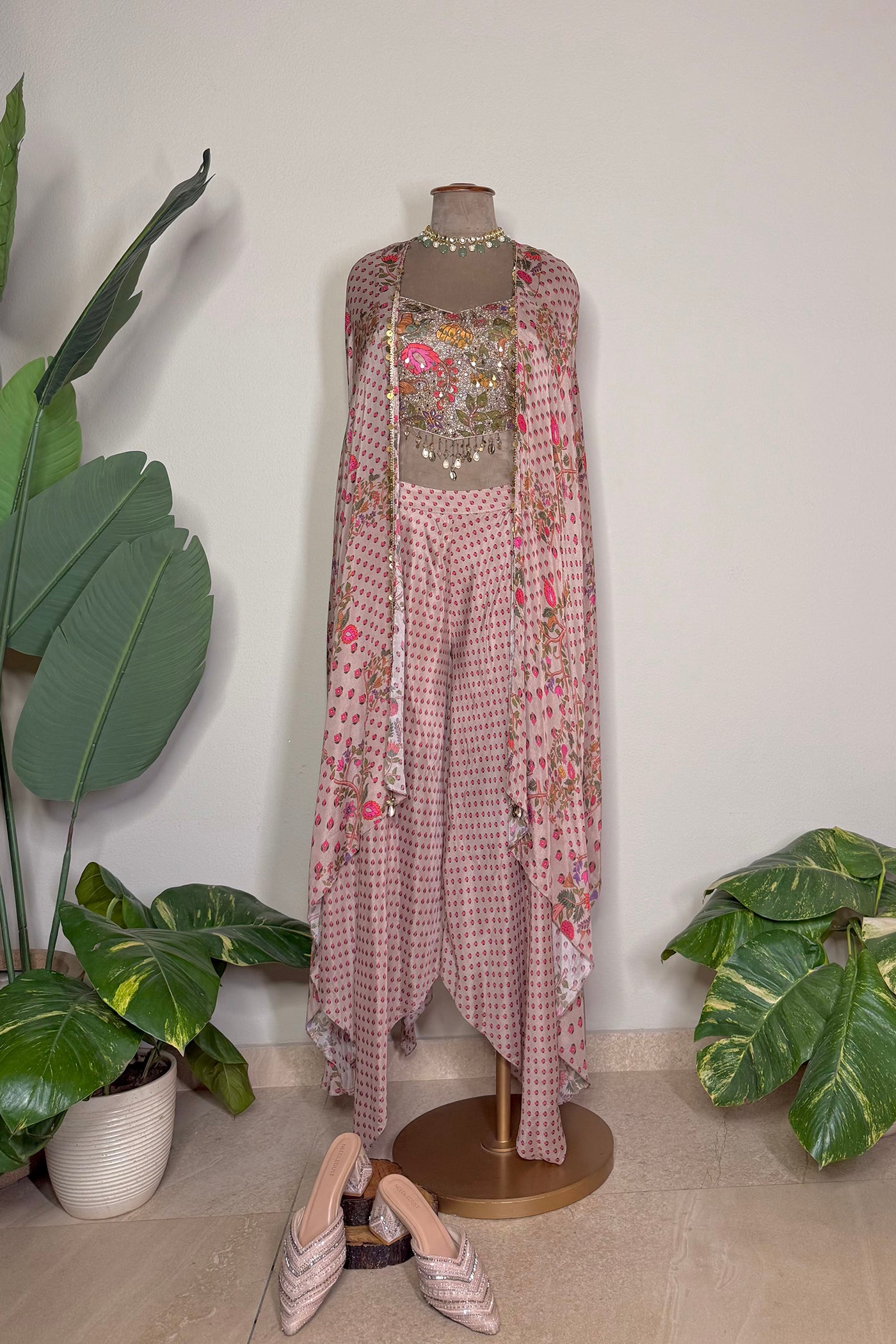 Nyra Asymmetric Palazzo with Blouse and Cape