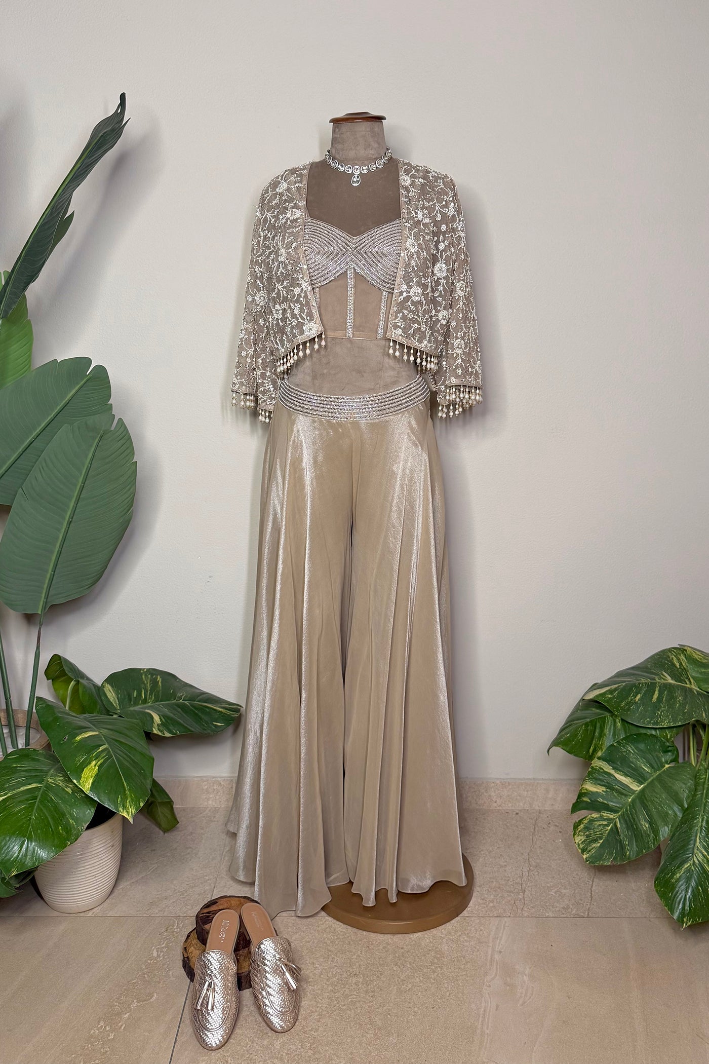 Sereen Shimmer Tissue Flared Palazzo with Net Short Jacket and Blouse