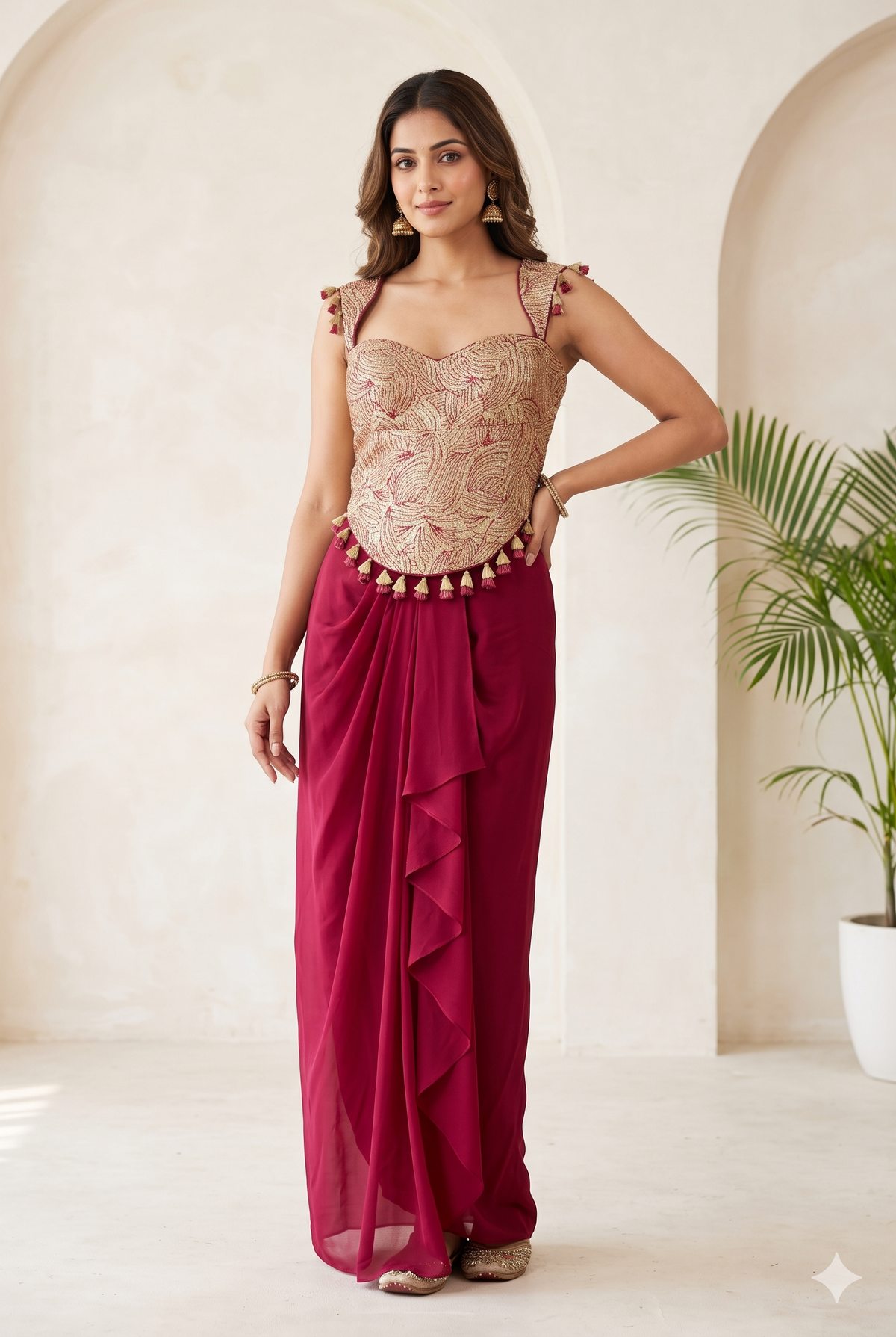 Amalia Coral Pink Drape Dhoti Set with Dupatta