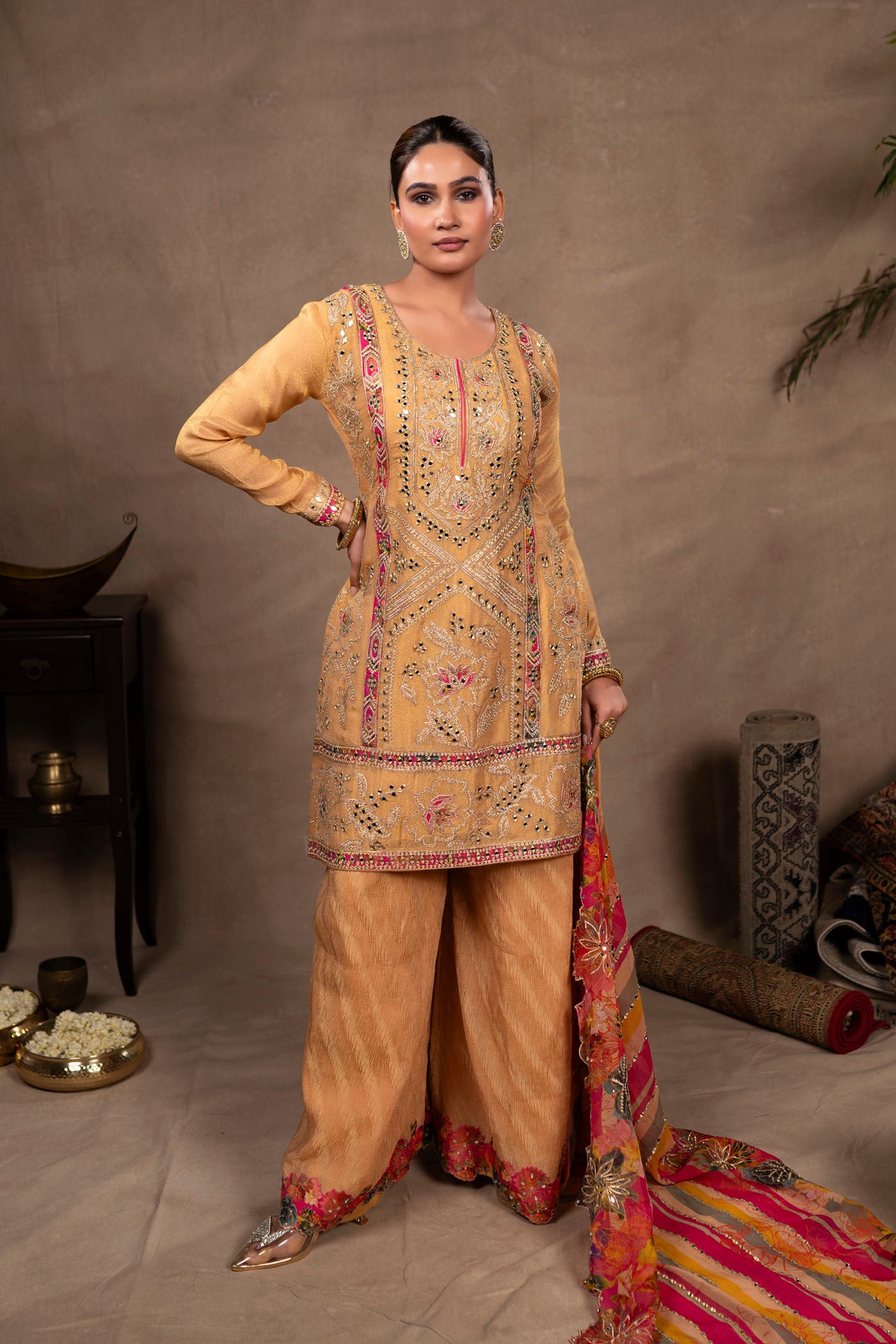 Laila Short Kurta With Crush Sharara And Print Dupatta Set