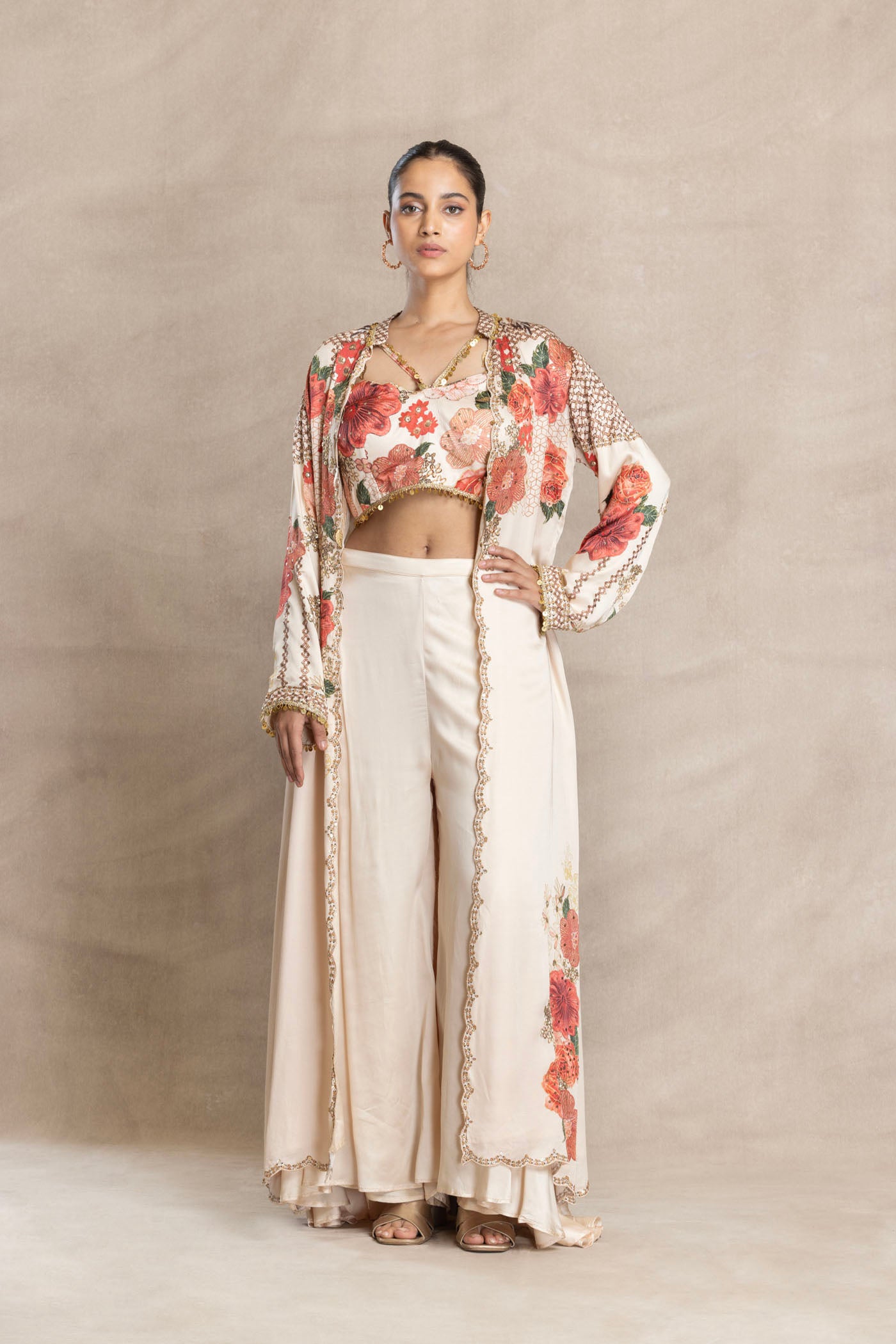 NISA Printed Bustier with Front-Open Jacket and Flared Palazzo